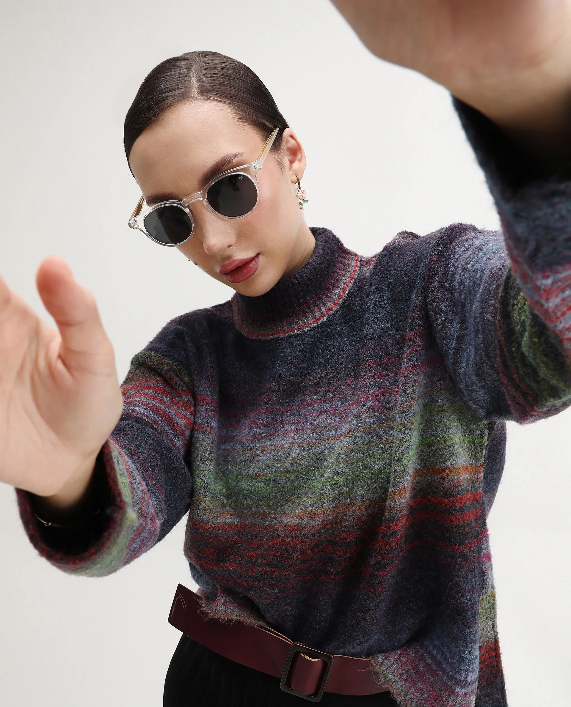 Rareism Women's Claudian Multi Acrylic Blend High Neck Relaxed Fit Ombre Sweater