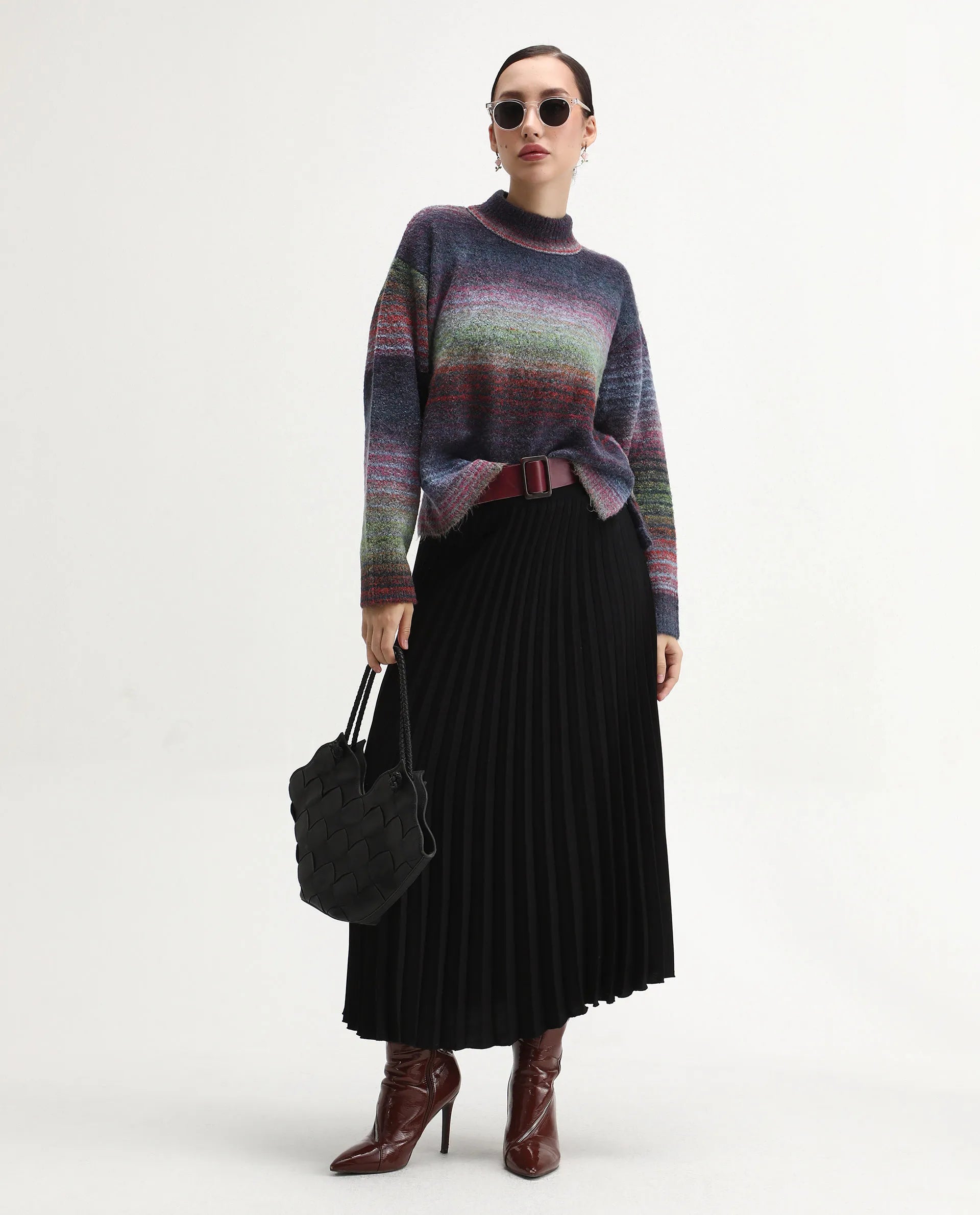 Rareism Women's Claudian Multi Acrylic Blend High Neck Relaxed Fit Ombre Sweater