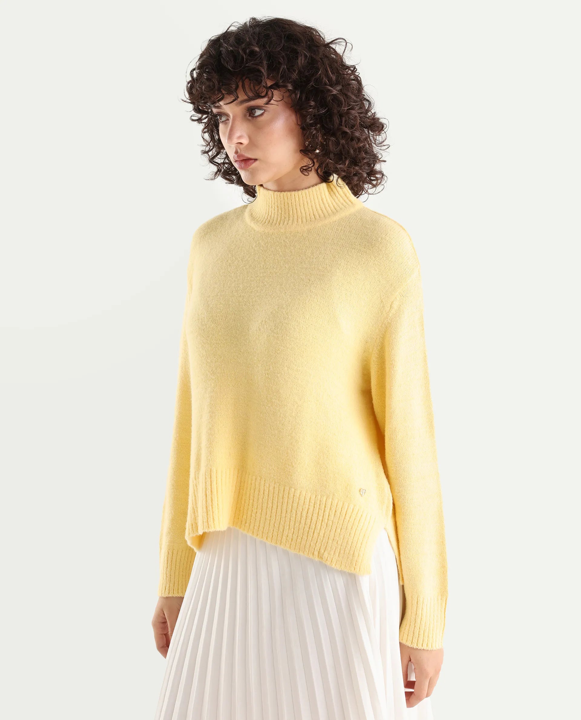 Rareism Women's Clawdia Yellow Acrylic High Neck Plain Relaxed Fit Sweater