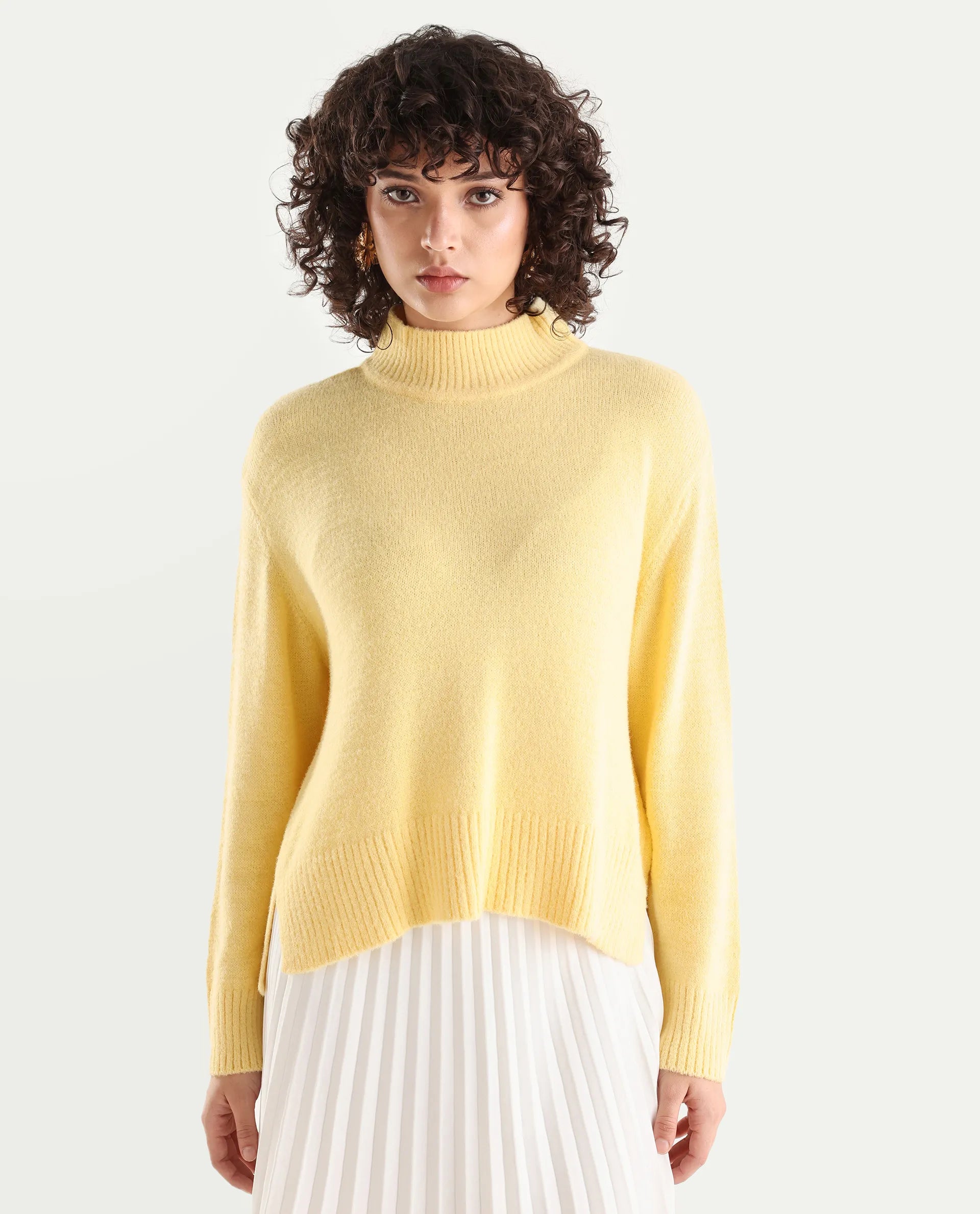 Rareism Women's Clawdia Yellow Acrylic High Neck Plain Relaxed Fit Sweater