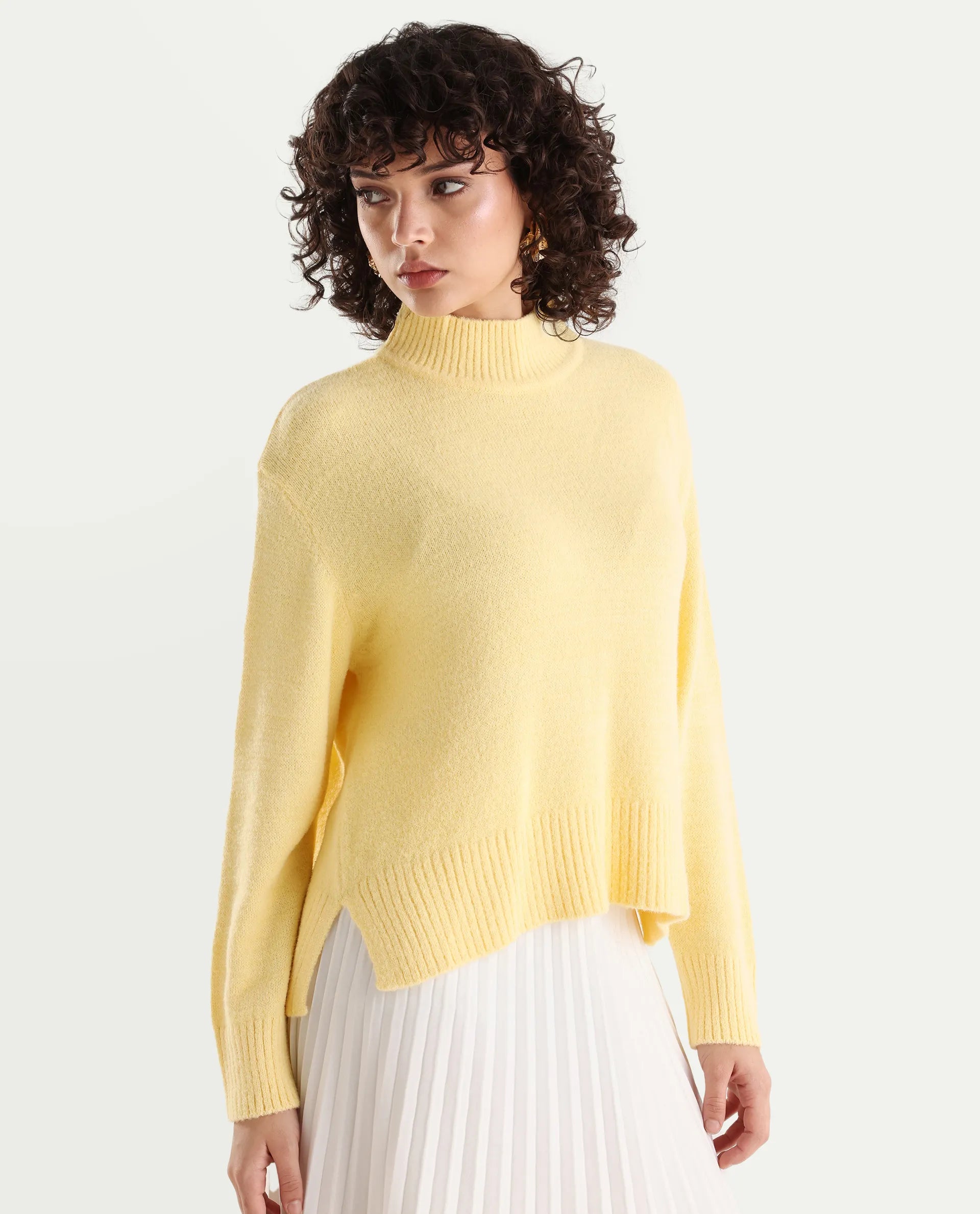 Rareism Women's Clawdia Yellow Acrylic High Neck Plain Relaxed Fit Sweater