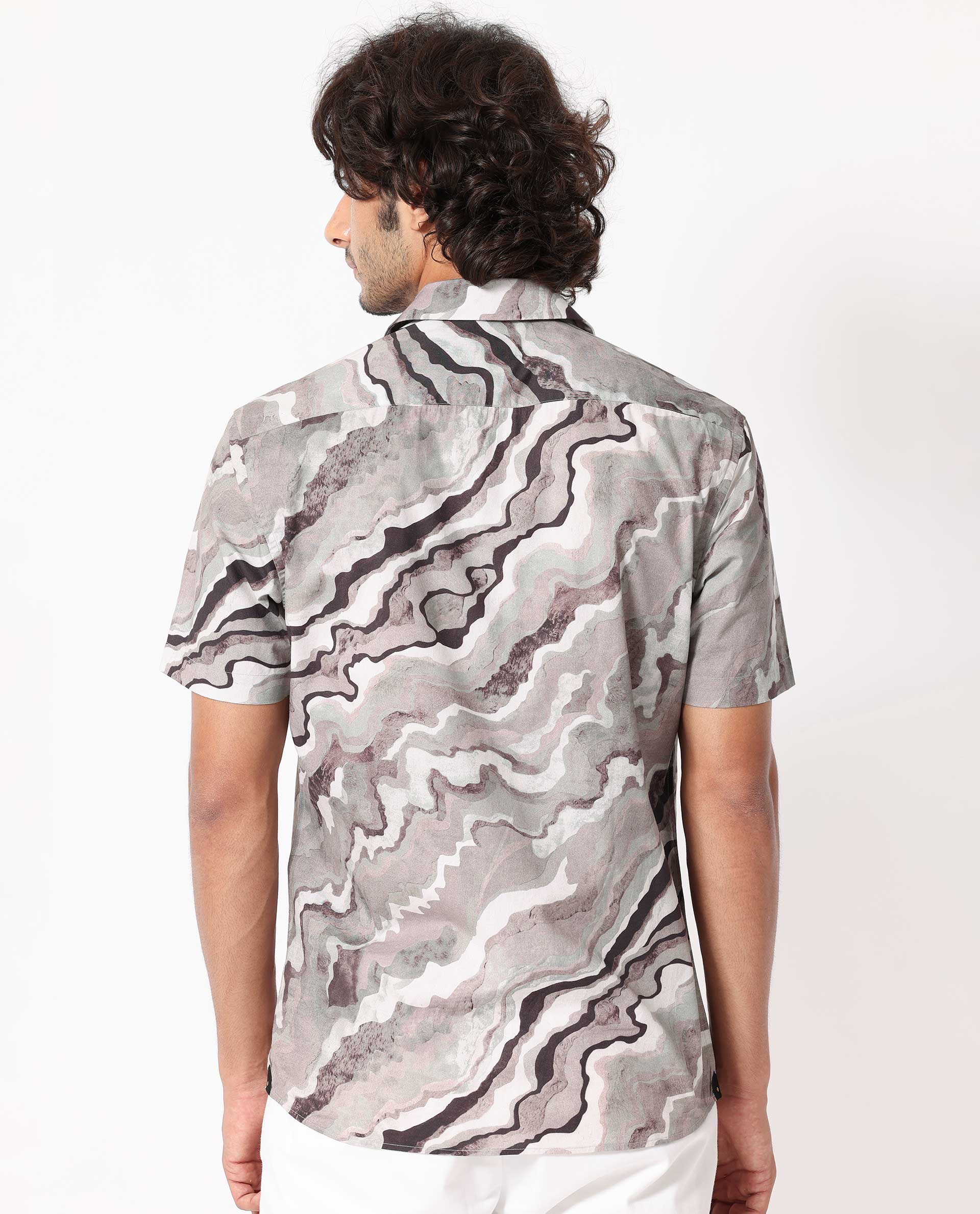 Rare Rabbit Men's Clayy Beige Poplin Fabric Cuban Collar Marble Print Half Sleeves Shirt