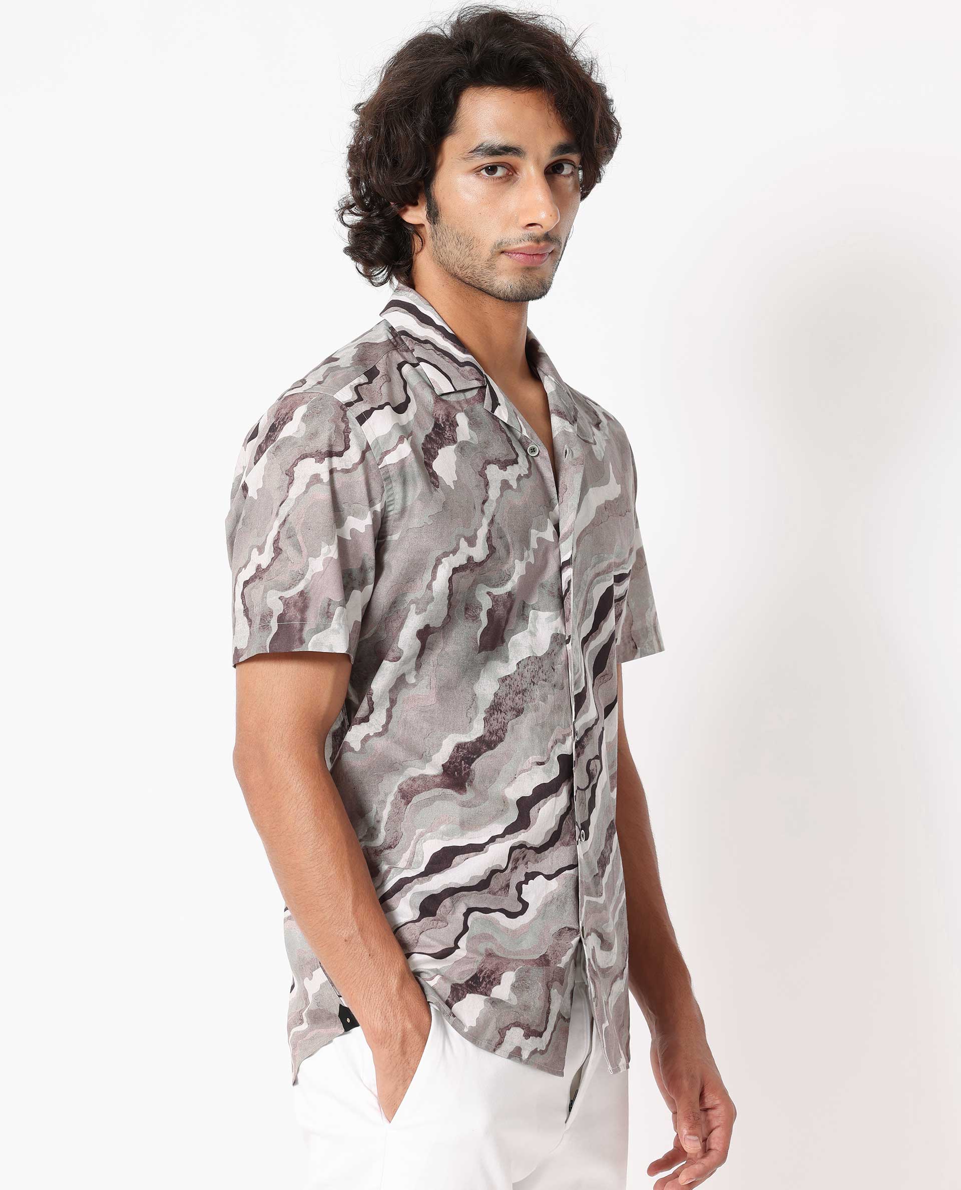 Rare Rabbit Men's Clayy Beige Poplin Fabric Cuban Collar Marble Print Half Sleeves Shirt