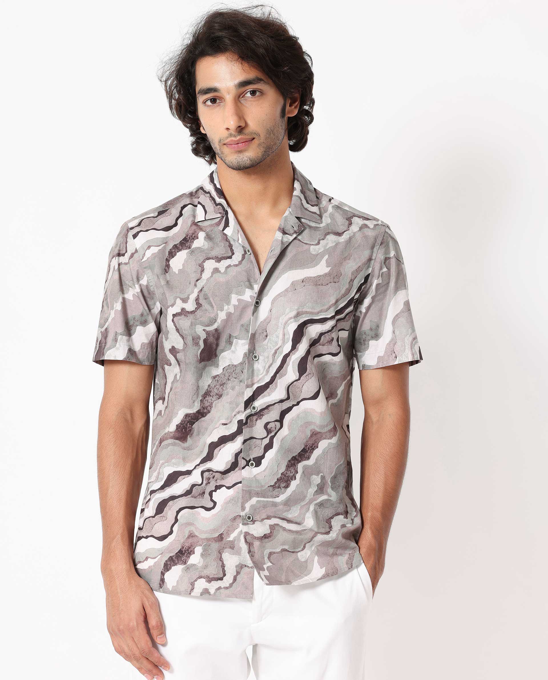 Rare Rabbit Men's Clayy Beige Poplin Fabric Cuban Collar Marble Print Half Sleeves Shirt