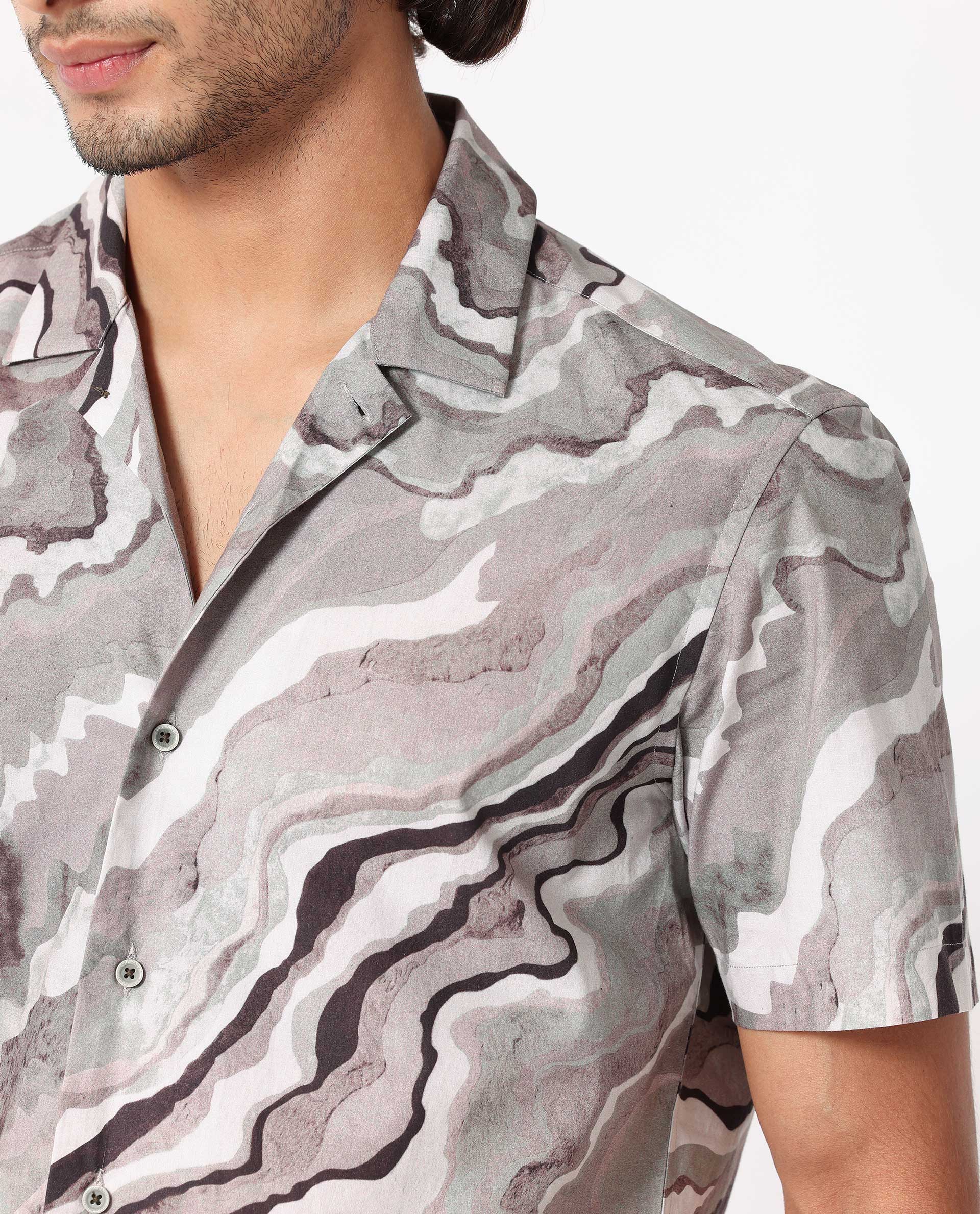 Rare Rabbit Men's Clayy Beige Poplin Fabric Cuban Collar Marble Print Half Sleeves Shirt