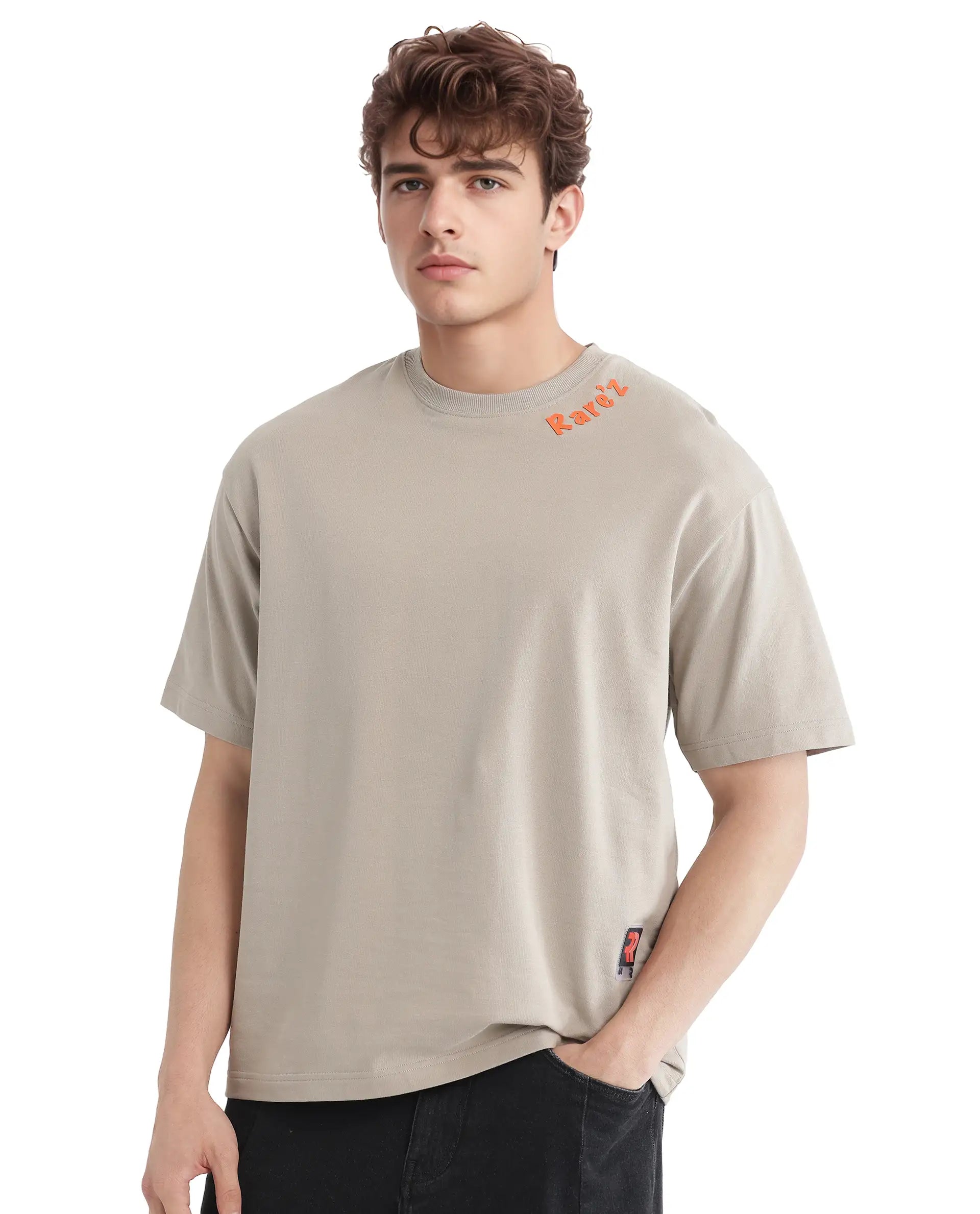 Rare Rabbit Men's Clay Beige Cotton Fabric Half Sleeve Crew Neck Oversized Fit Graphic Print T-Shirt