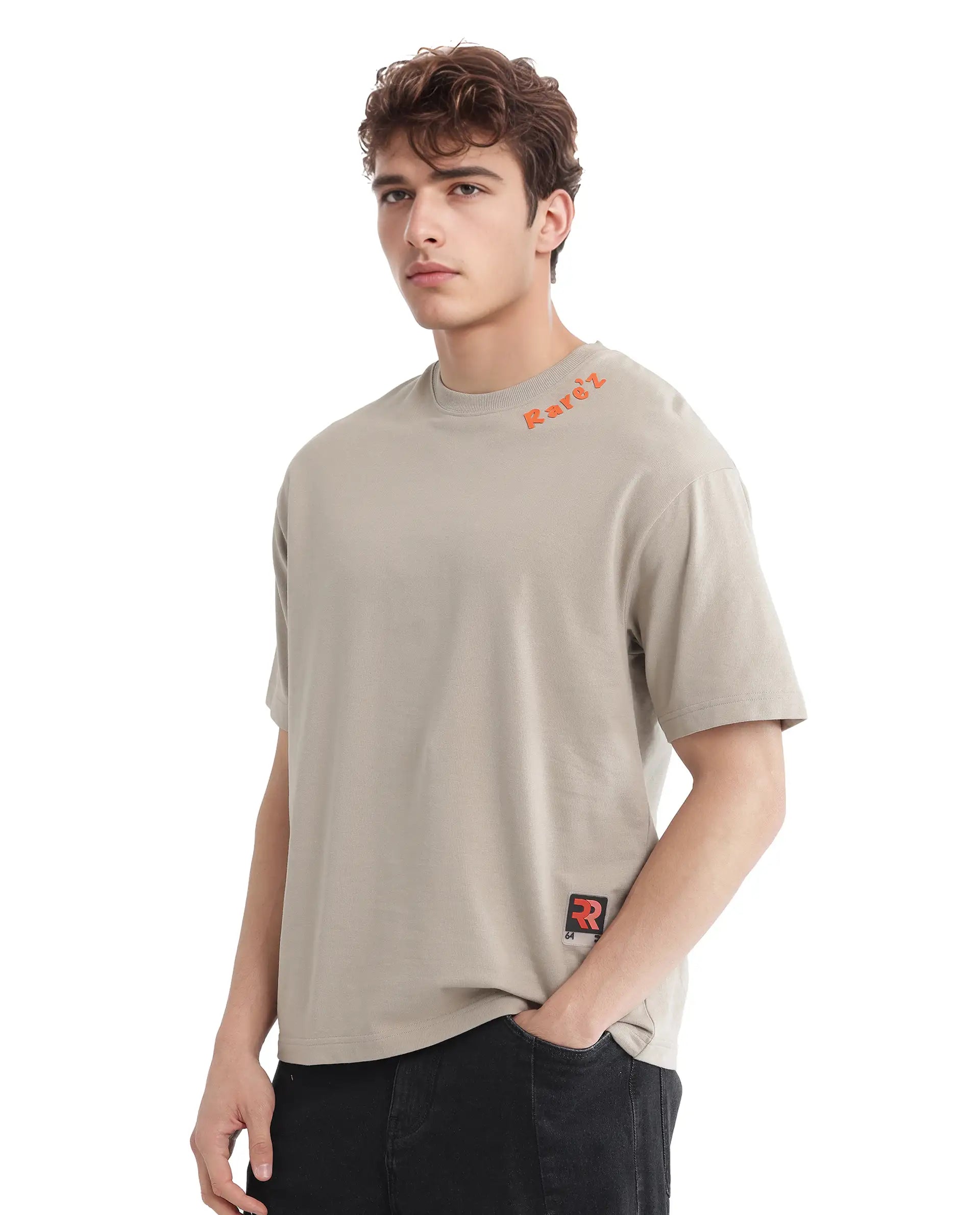 Rare Rabbit Men's Clay Beige Cotton Fabric Half Sleeve Crew Neck Oversized Fit Graphic Print T-Shirt