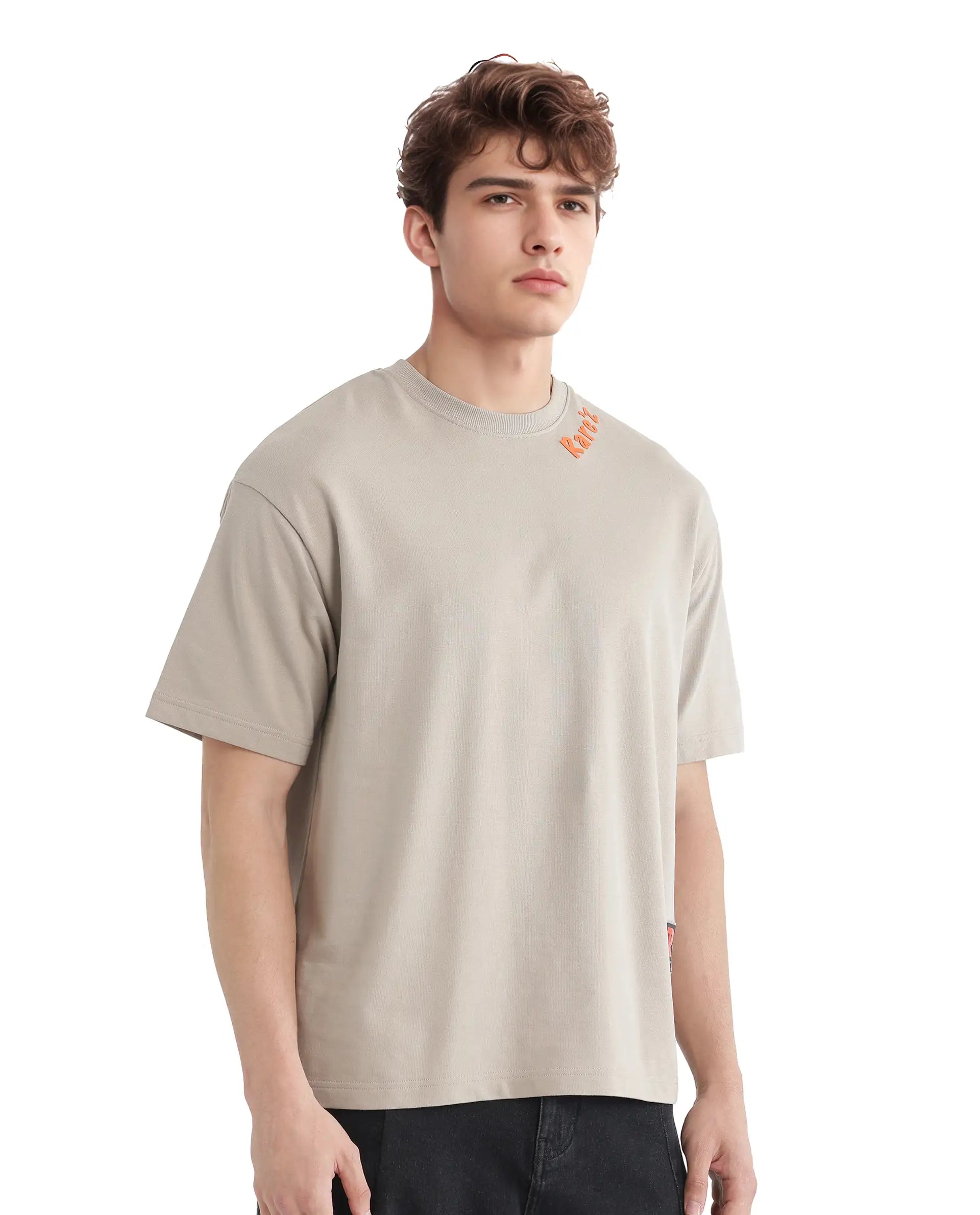 Rare Rabbit Men's Clay Beige Cotton Fabric Half Sleeve Crew Neck Oversized Fit Graphic Print T-Shirt
