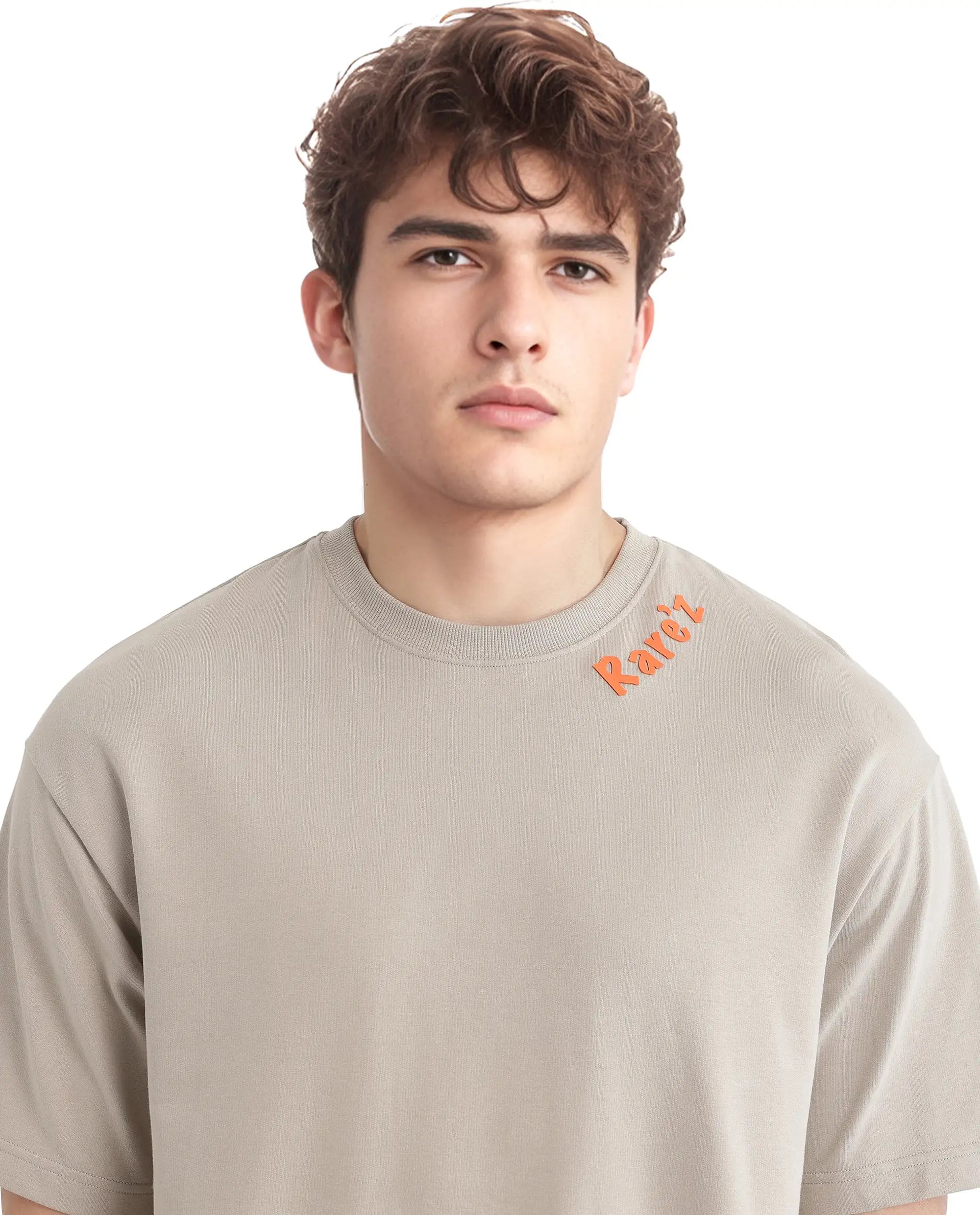 Rare Rabbit Men's Clay Beige Cotton Fabric Half Sleeve Crew Neck Oversized Fit Graphic Print T-Shirt