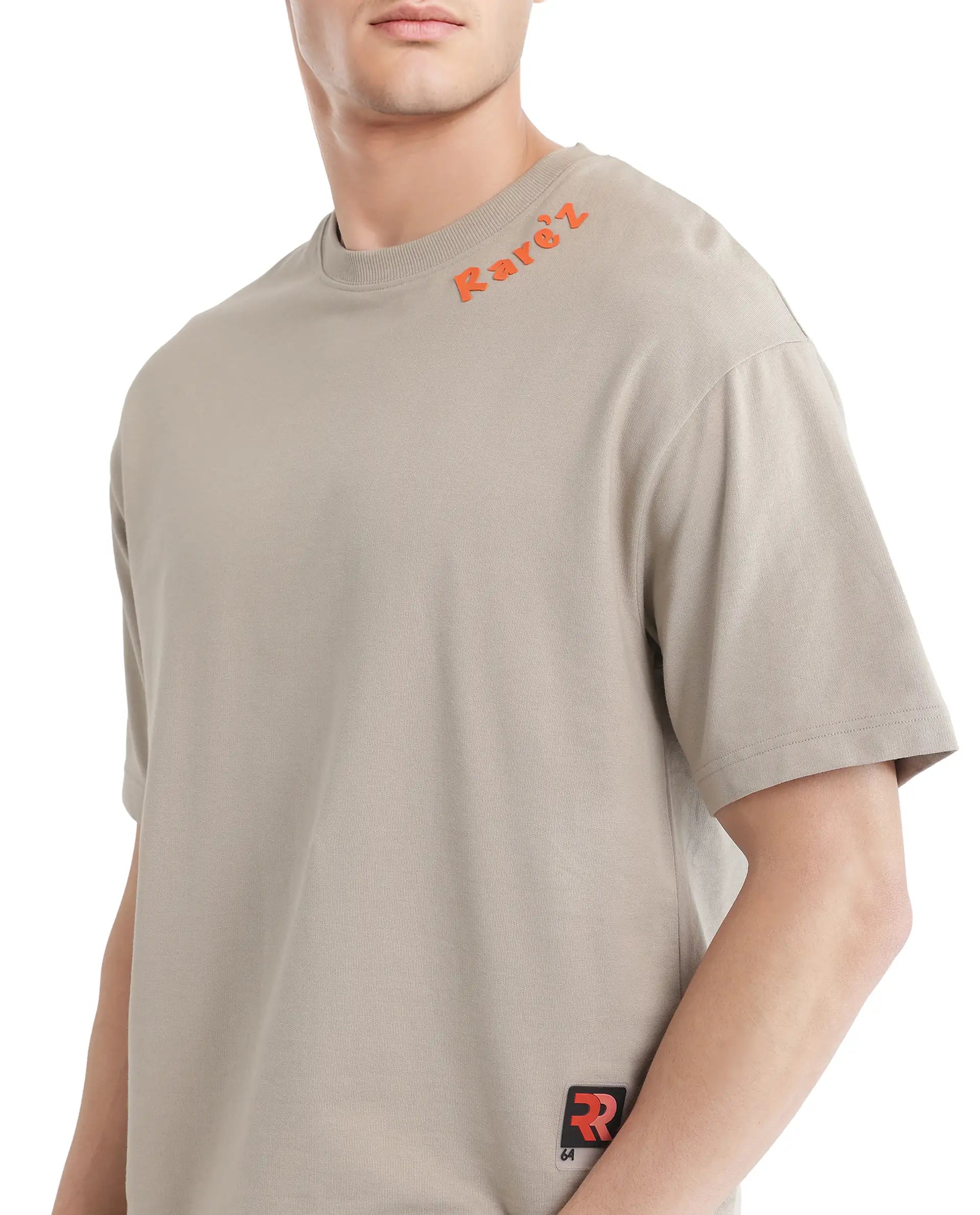 Rare Rabbit Men's Clay Beige Cotton Fabric Half Sleeve Crew Neck Oversized Fit Graphic Print T-Shirt