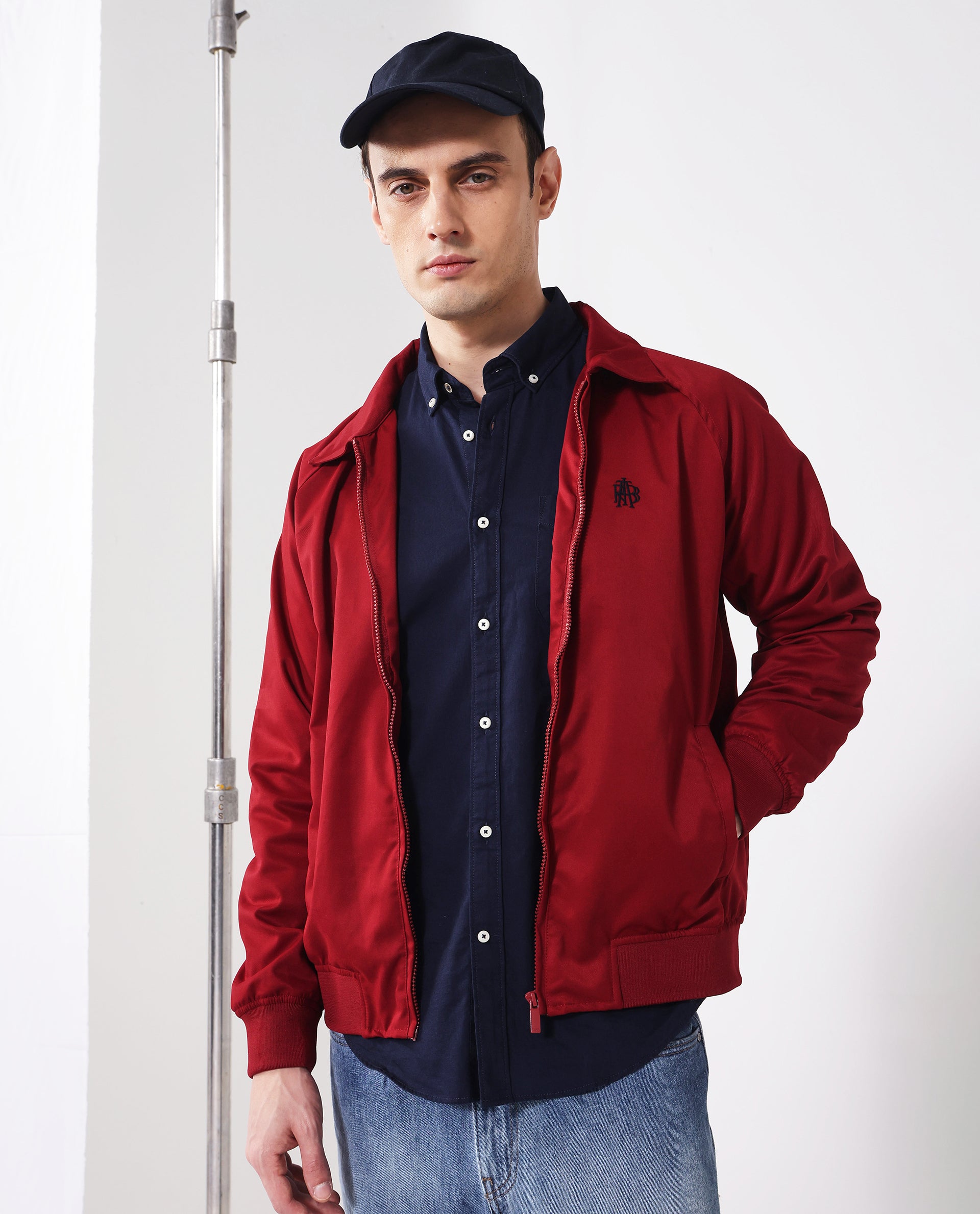 Rare Rabbit Men Clayon Red Polyester Fabric Full Sleeve Embroidered Logo Spread Collar Solid Jacket