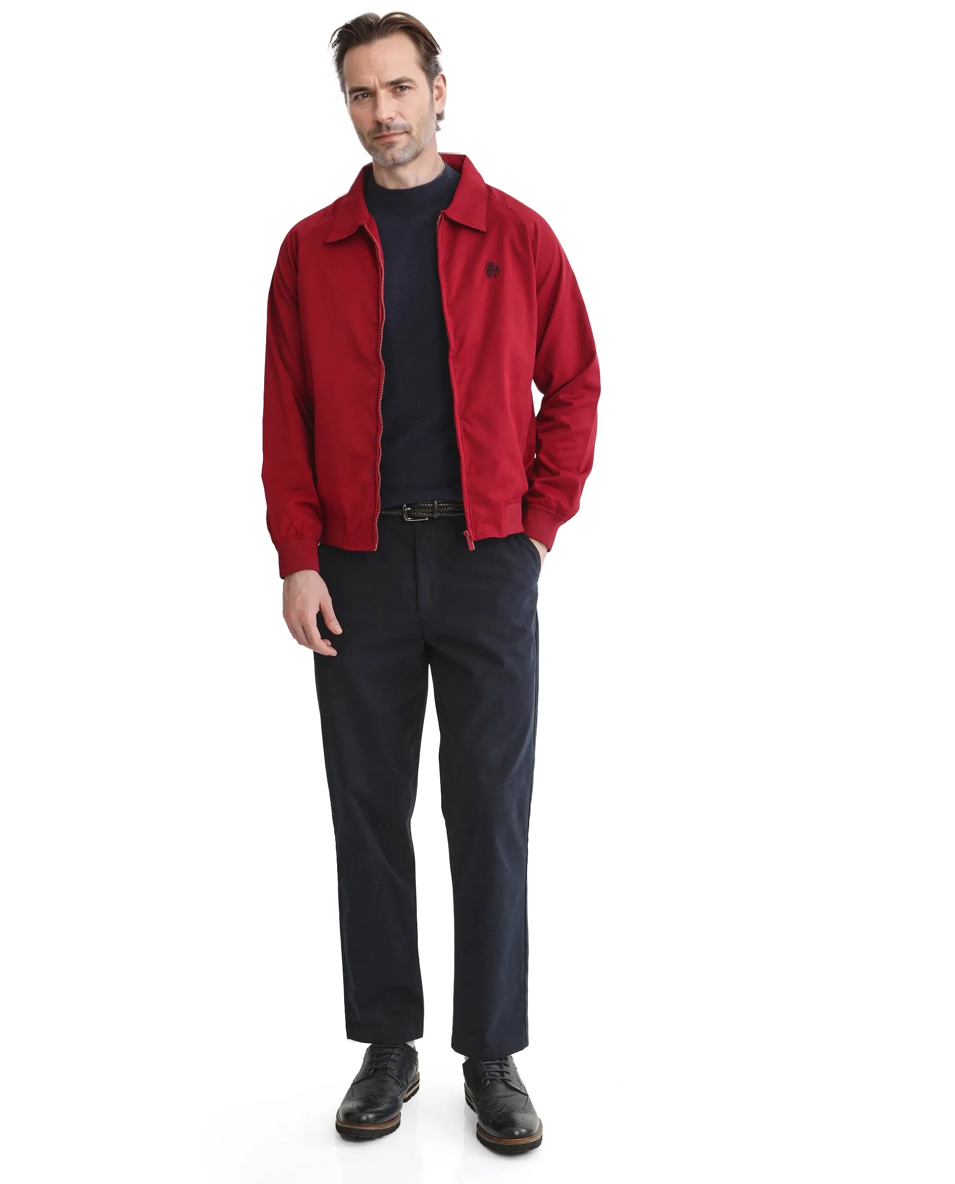 Rare Rabbit Men Clayon Red Polyester Fabric Full Sleeve Embroidered Logo Spread Collar Solid Jacket