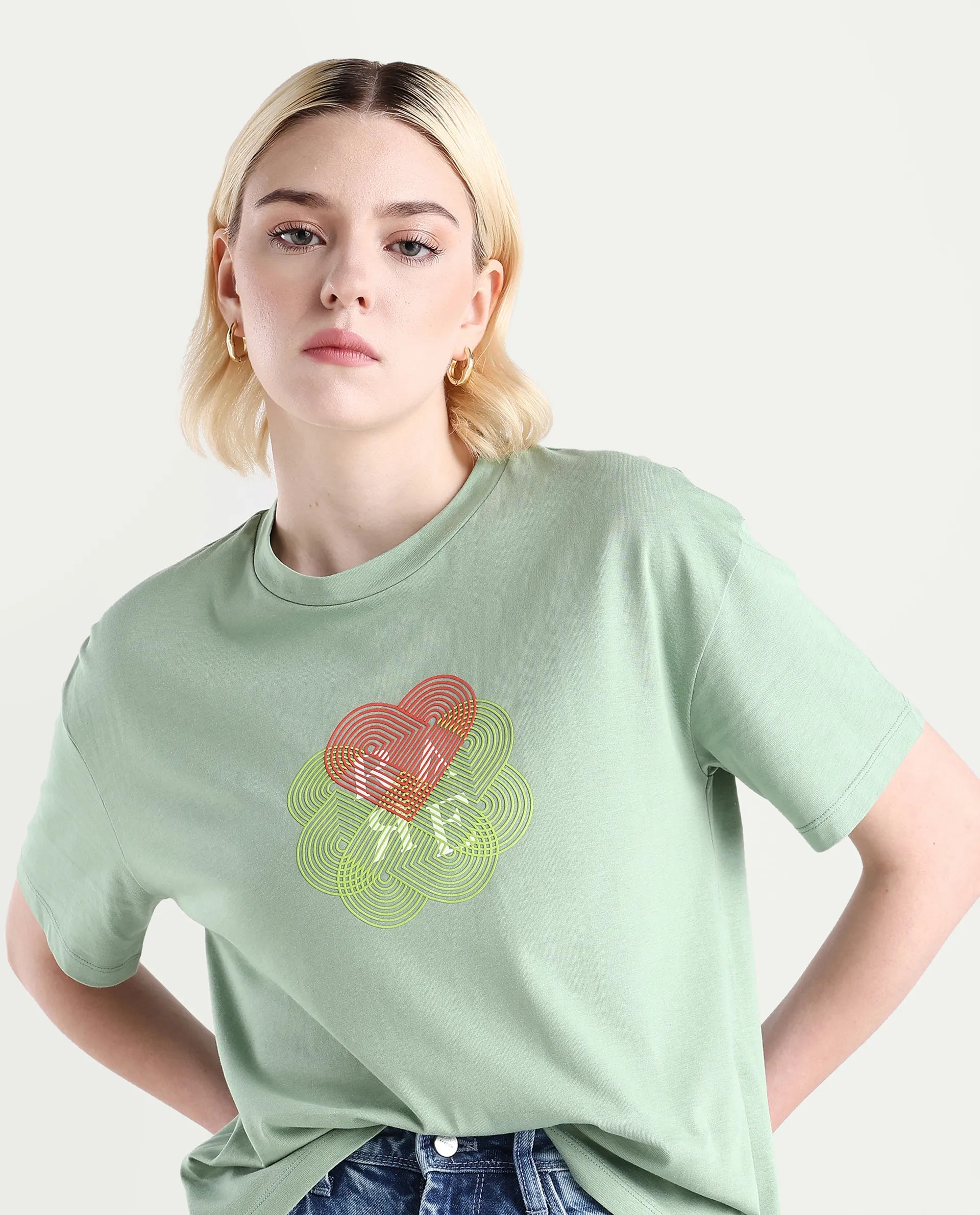 Rareism Women's Clea Dusky Green Cotton Blend Crew Neck Graphic Print Regular Fit T-Shirt