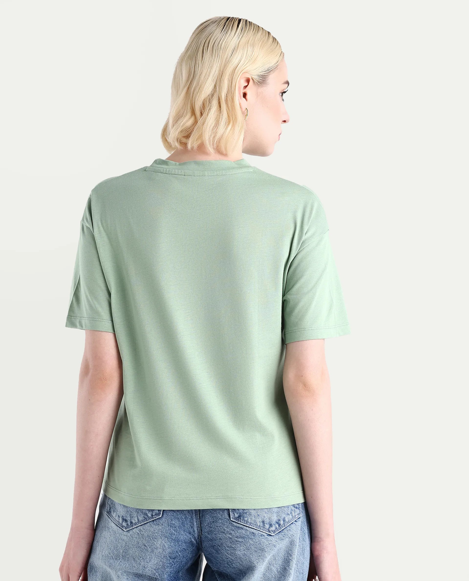 Rareism Women's Clea Dusky Green Cotton Blend Crew Neck Graphic Print Regular Fit T-Shirt