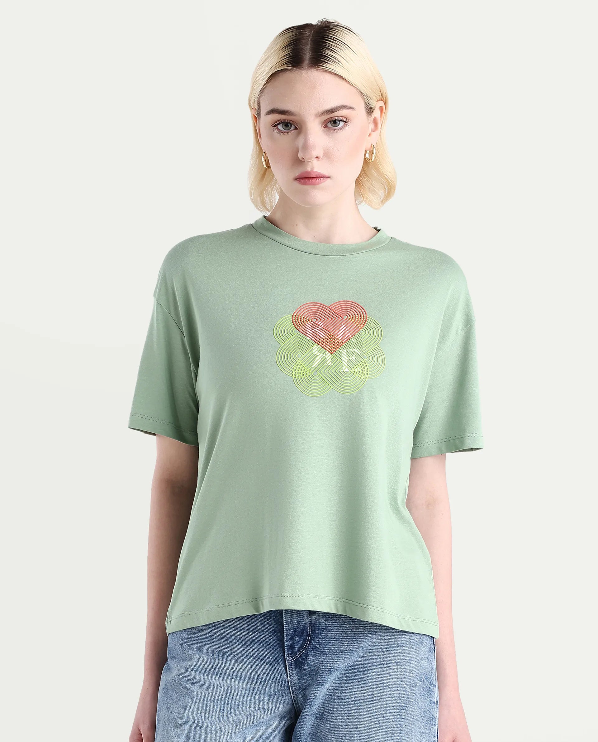 Rareism Women's Clea Dusky Green Cotton Blend Crew Neck Graphic Print Regular Fit T-Shirt