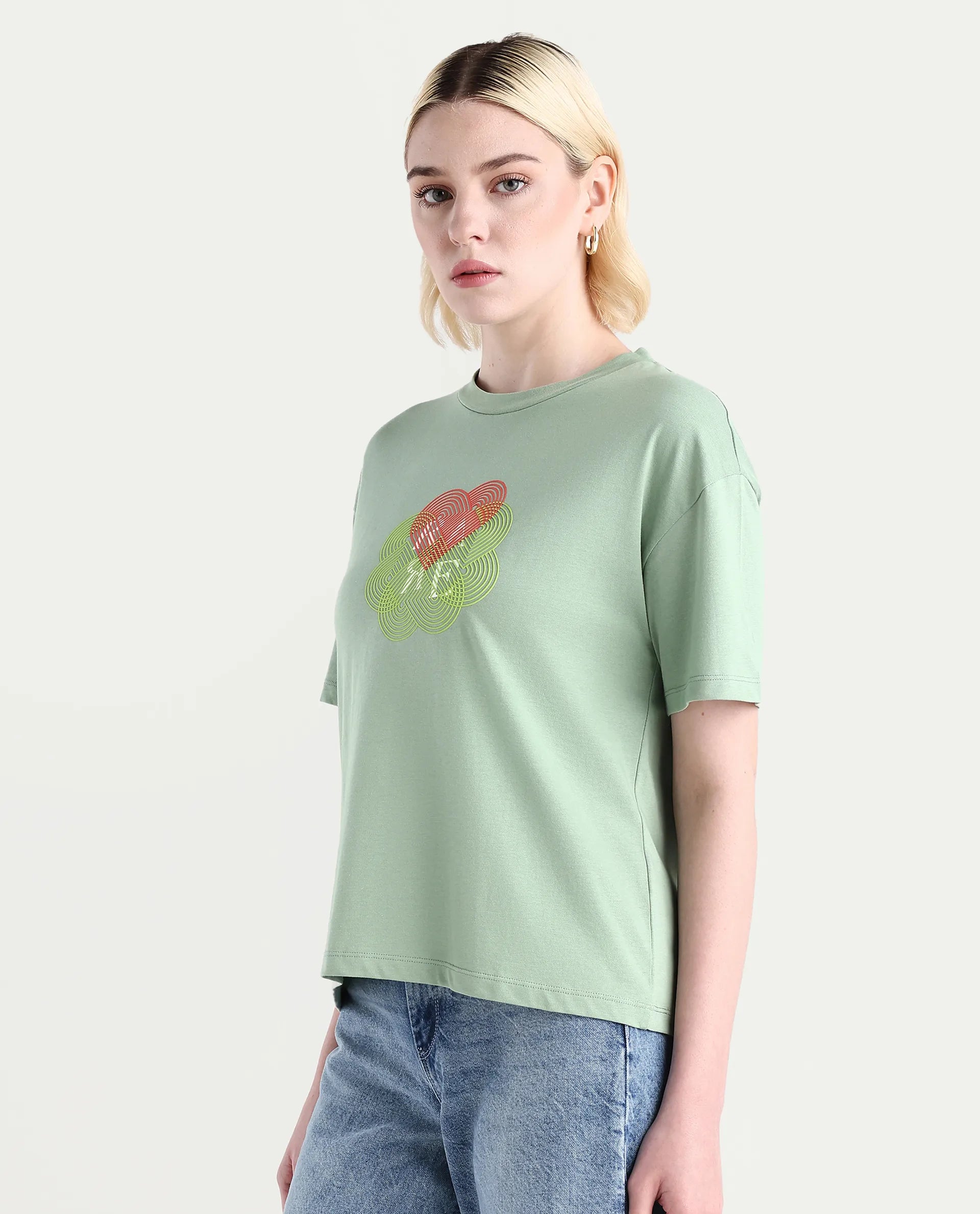 Rareism Women's Clea Dusky Green Cotton Blend Crew Neck Graphic Print Regular Fit T-Shirt