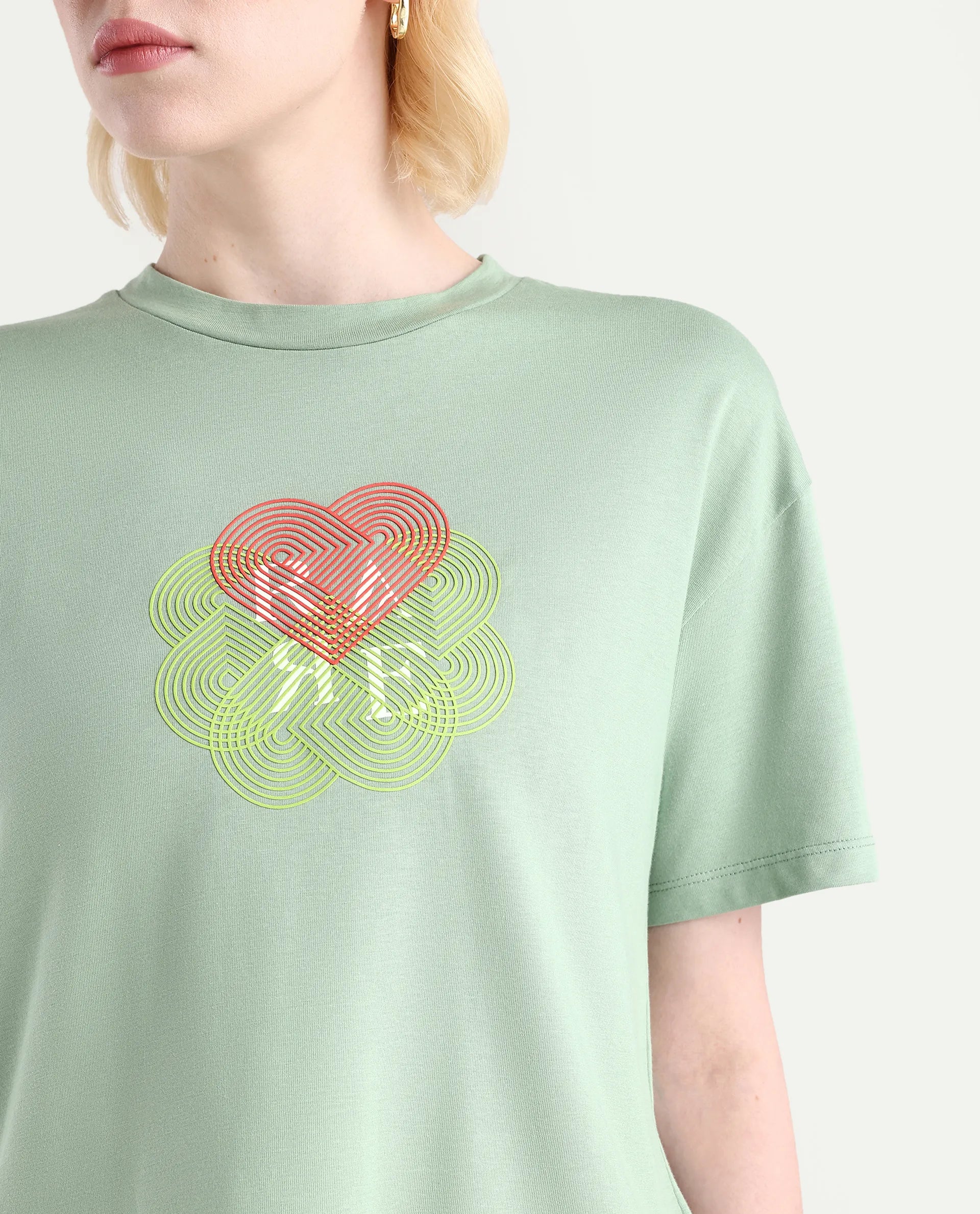 Rareism Women's Clea Dusky Green Cotton Blend Crew Neck Graphic Print Regular Fit T-Shirt