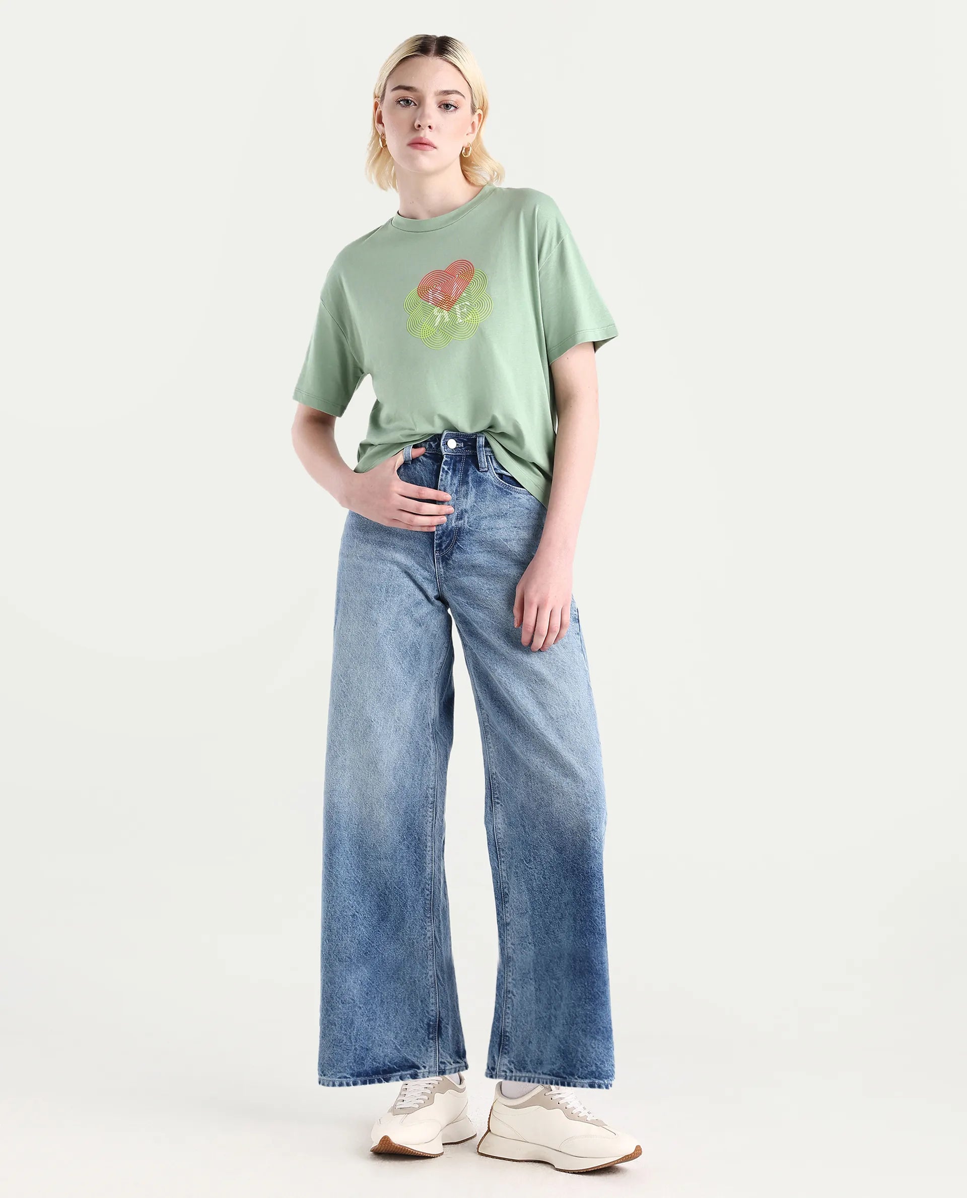 Rareism Women's Clea Dusky Green Cotton Blend Crew Neck Graphic Print Regular Fit T-Shirt