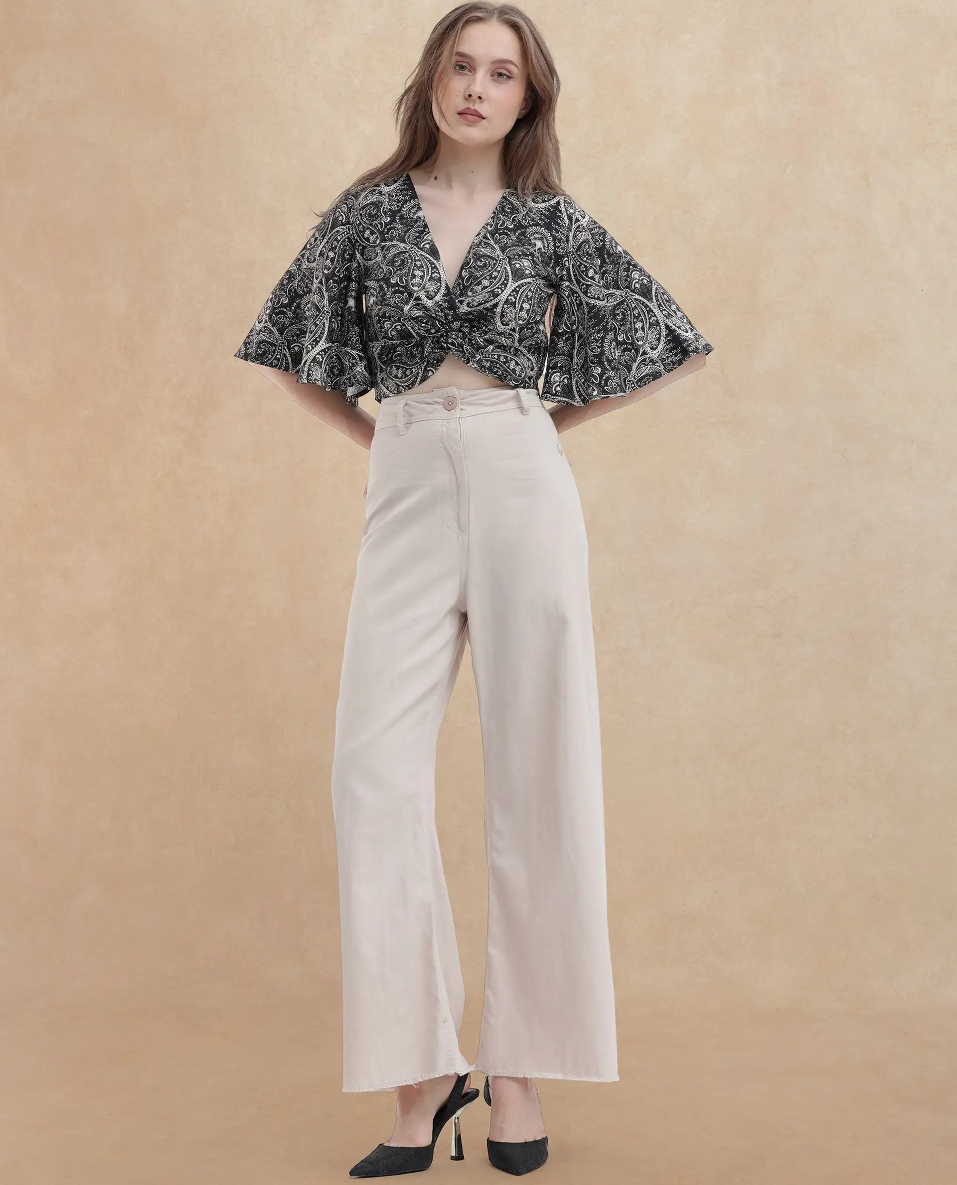 Rareism Women's Clarence Black Cotton Blend V-Neck Paisley Print Flared Sleeve Crop Regular Fit Top