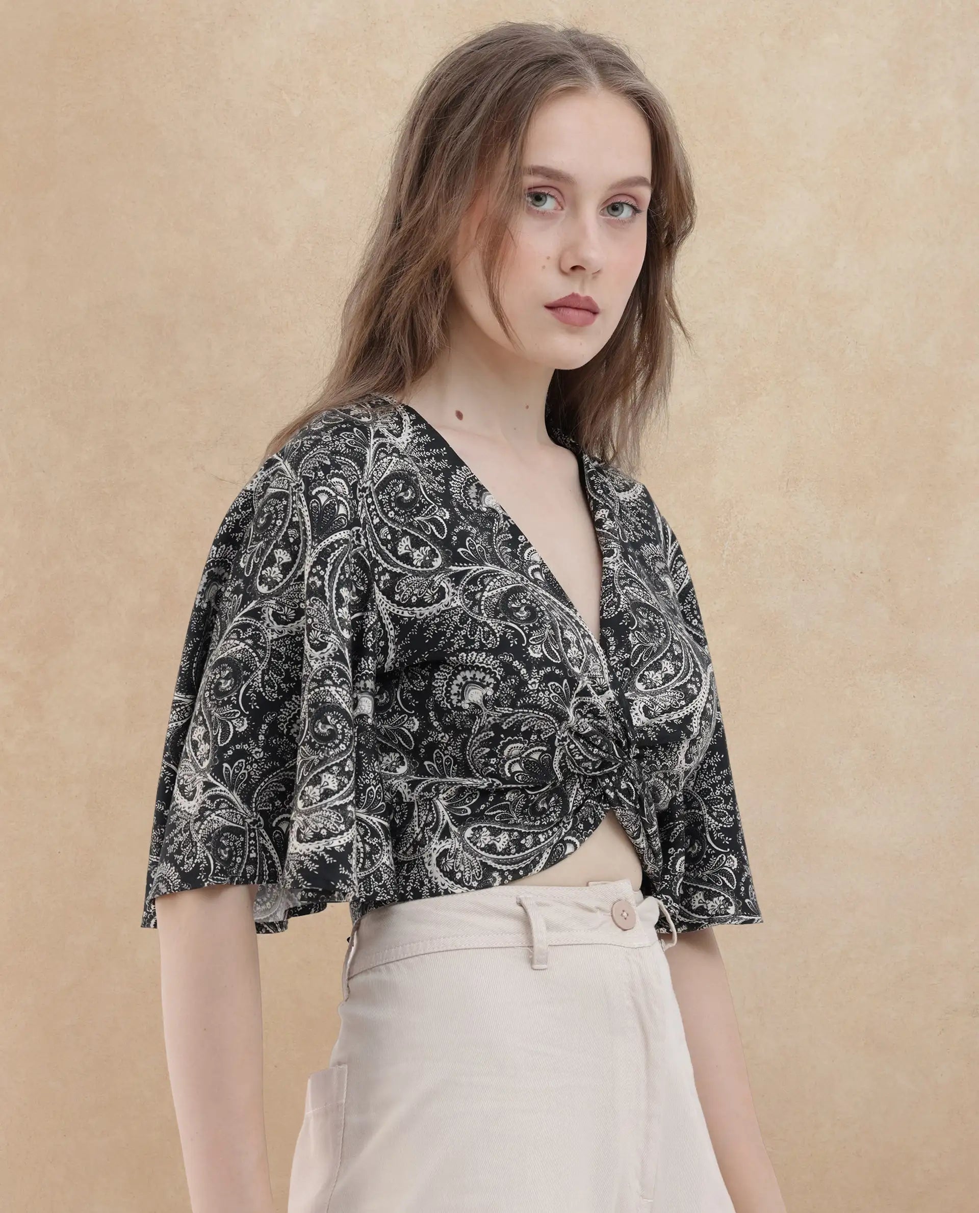 Rareism Women's Clarence Black Cotton Blend V-Neck Paisley Print Flared Sleeve Crop Regular Fit Top