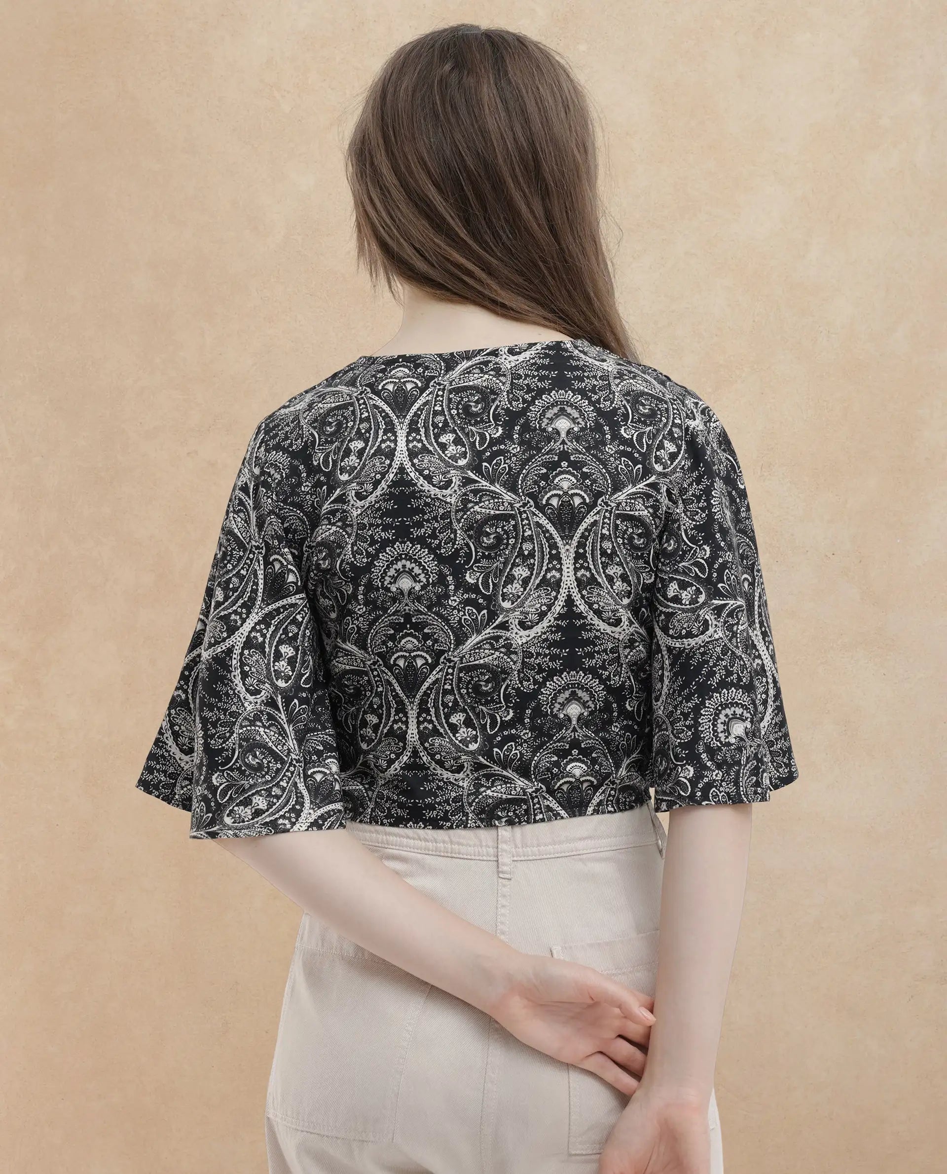 Rareism Women's Clarence Black Cotton Blend V-Neck Paisley Print Flared Sleeve Crop Regular Fit Top