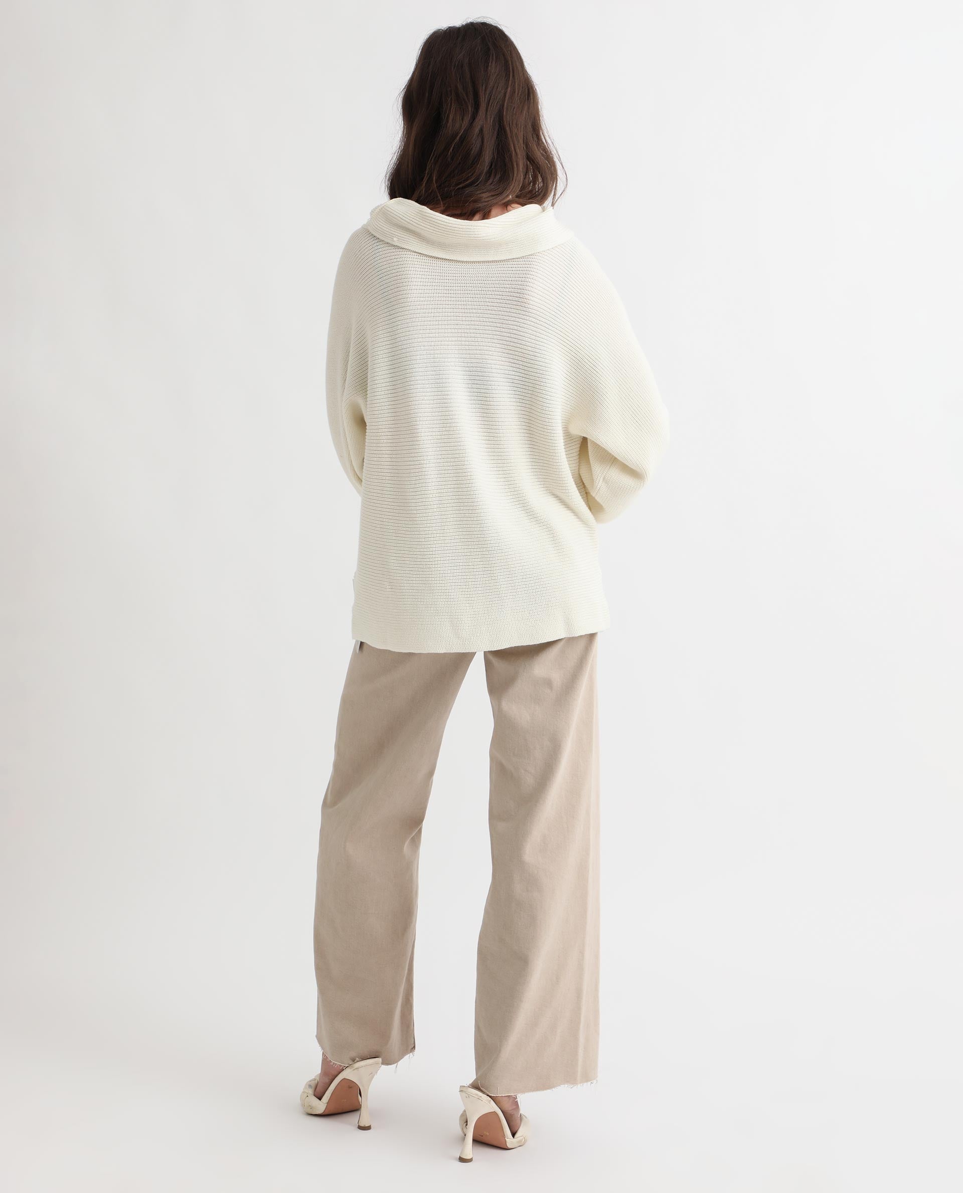 Rareism Women Cleo Off White 3/4Th Sleeves Relaxed Fit Solid Cowl Neck Sweater