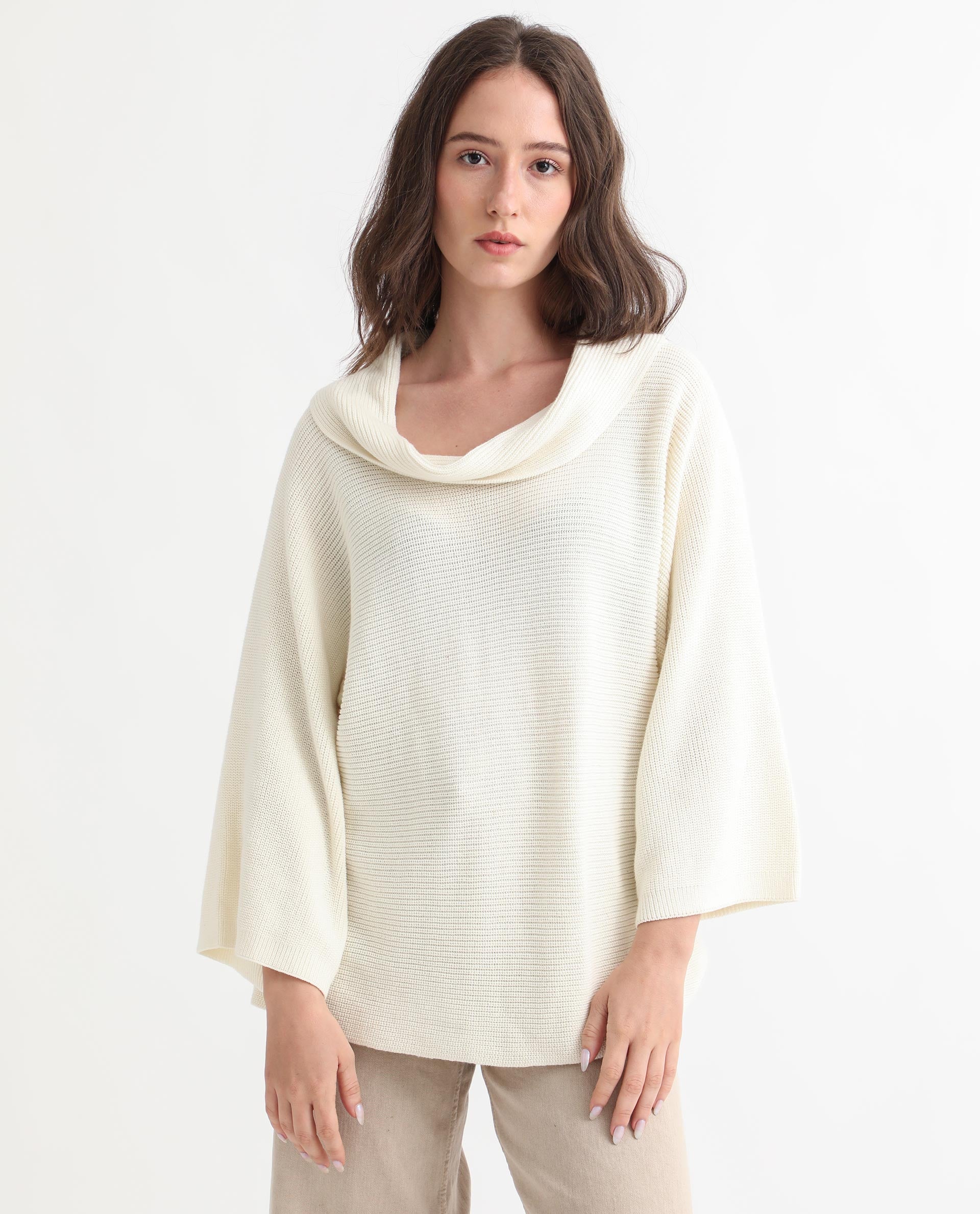 Rareism Women Cleo Off White 3/4Th Sleeves Relaxed Fit Solid Cowl Neck Sweater