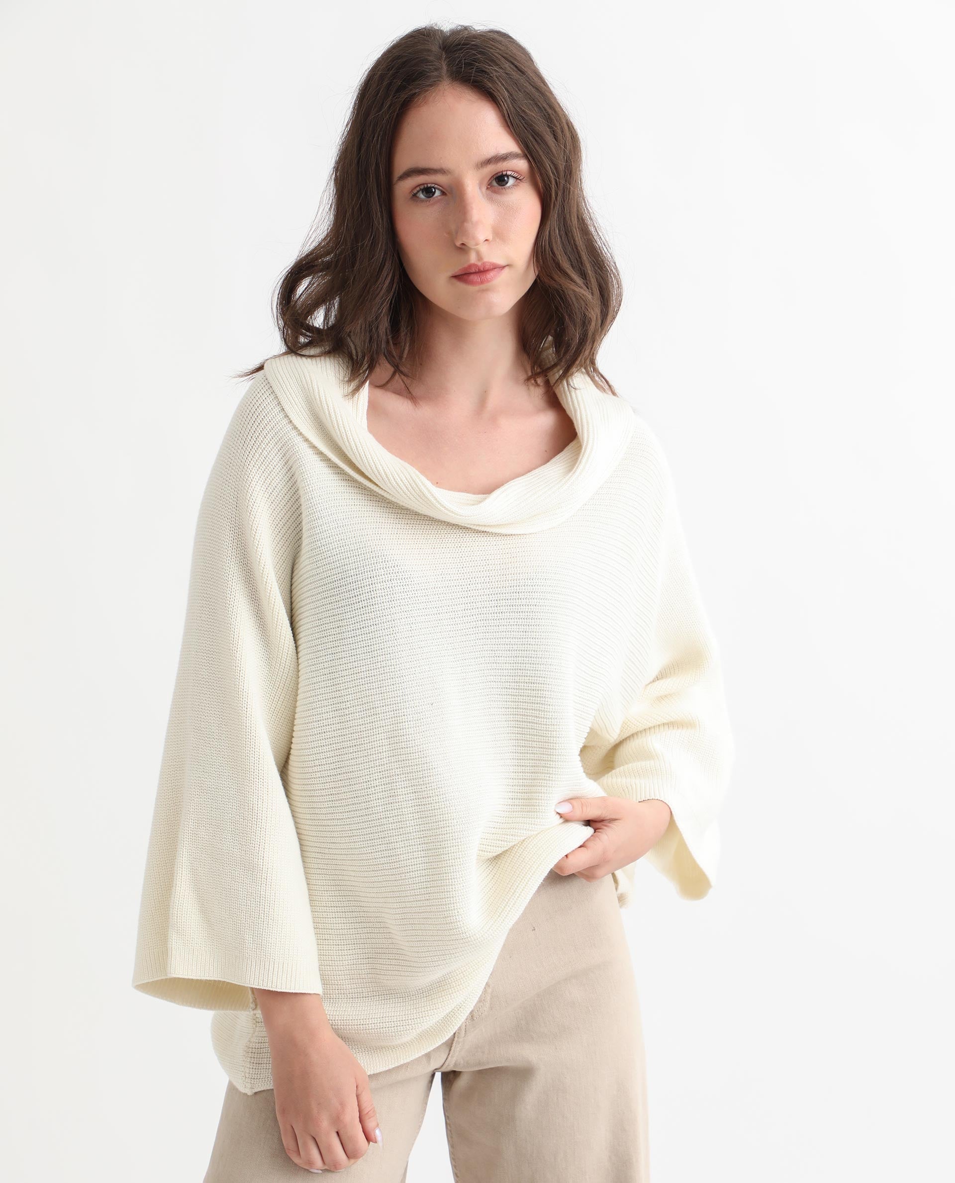 Rareism Women Cleo Off White 3/4Th Sleeves Relaxed Fit Solid Cowl Neck Sweater