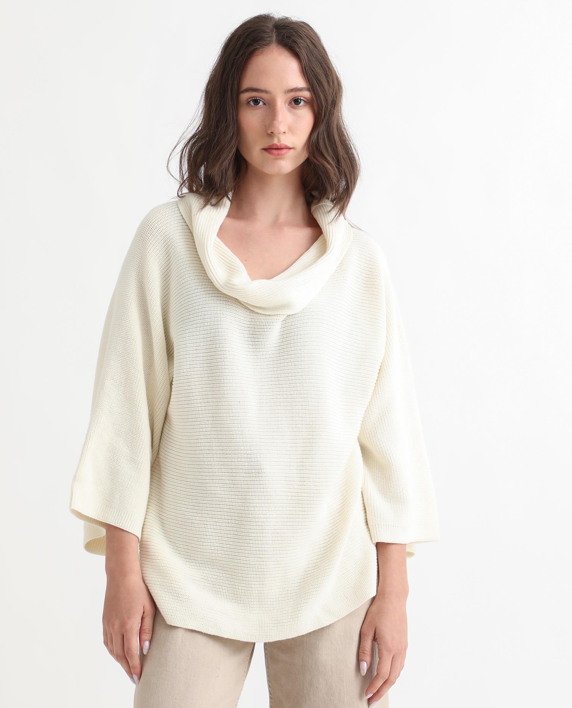 Rareism Women Cleo Off White 3/4Th Sleeves Relaxed Fit Solid Cowl Neck Sweater