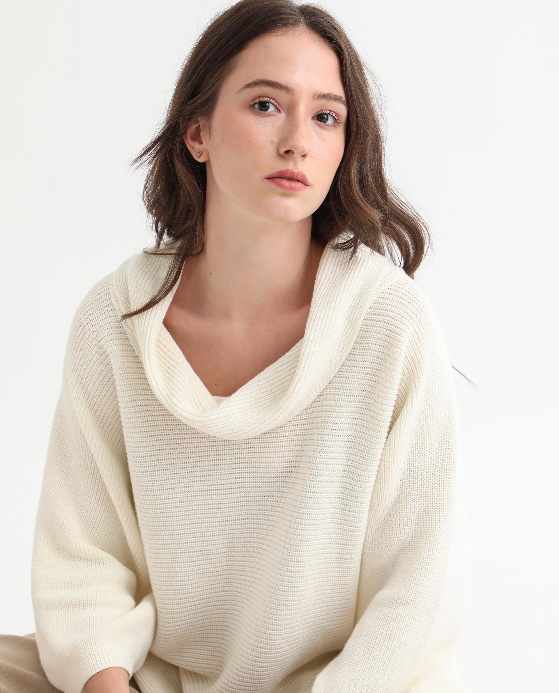 Rareism Women Cleo Off White 3/4Th Sleeves Relaxed Fit Solid Cowl Neck Sweater