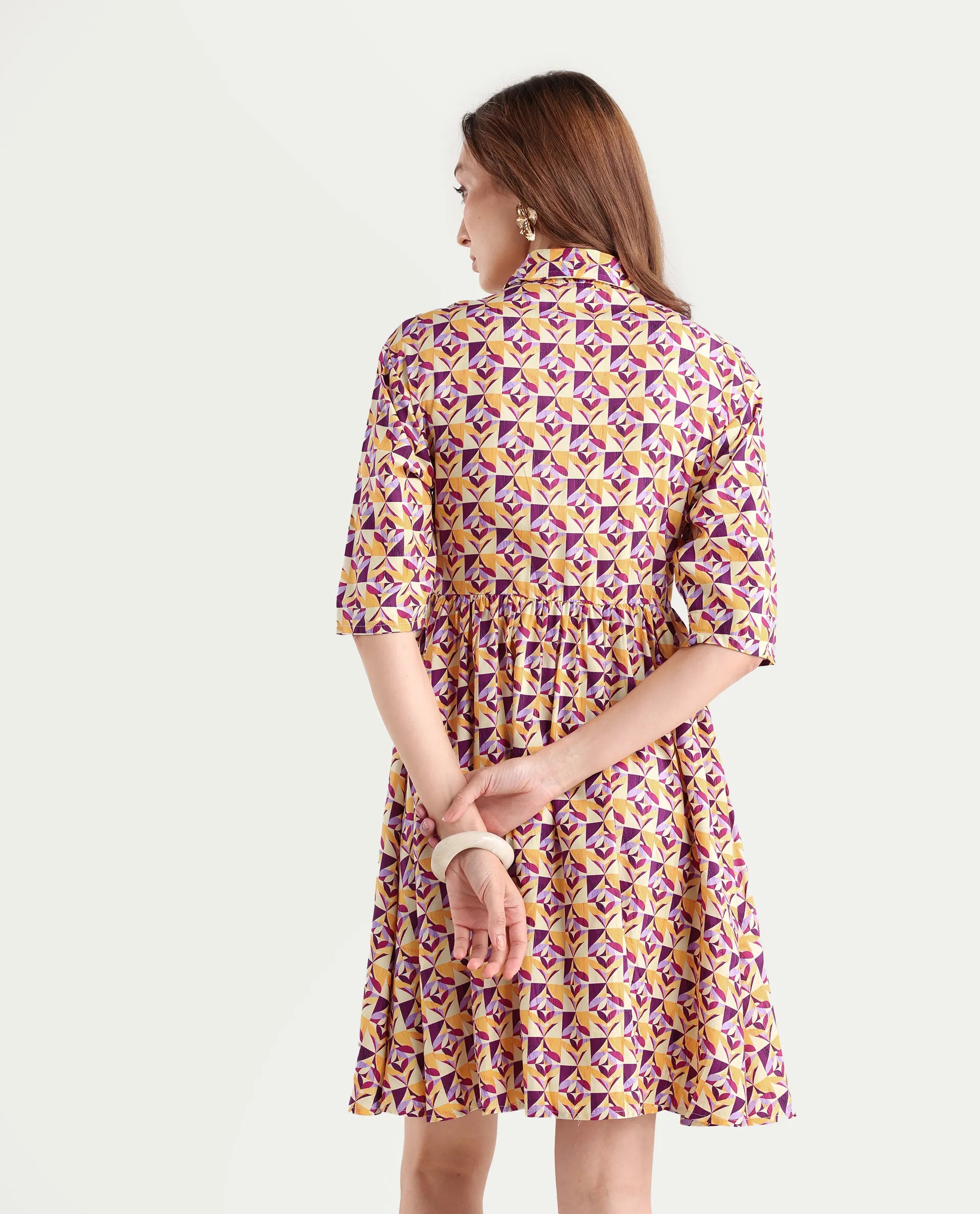 Rareism Women's Cleokap Multi Viscose Drop Collar Geometric Print Knee Length Fit And Flare Dress