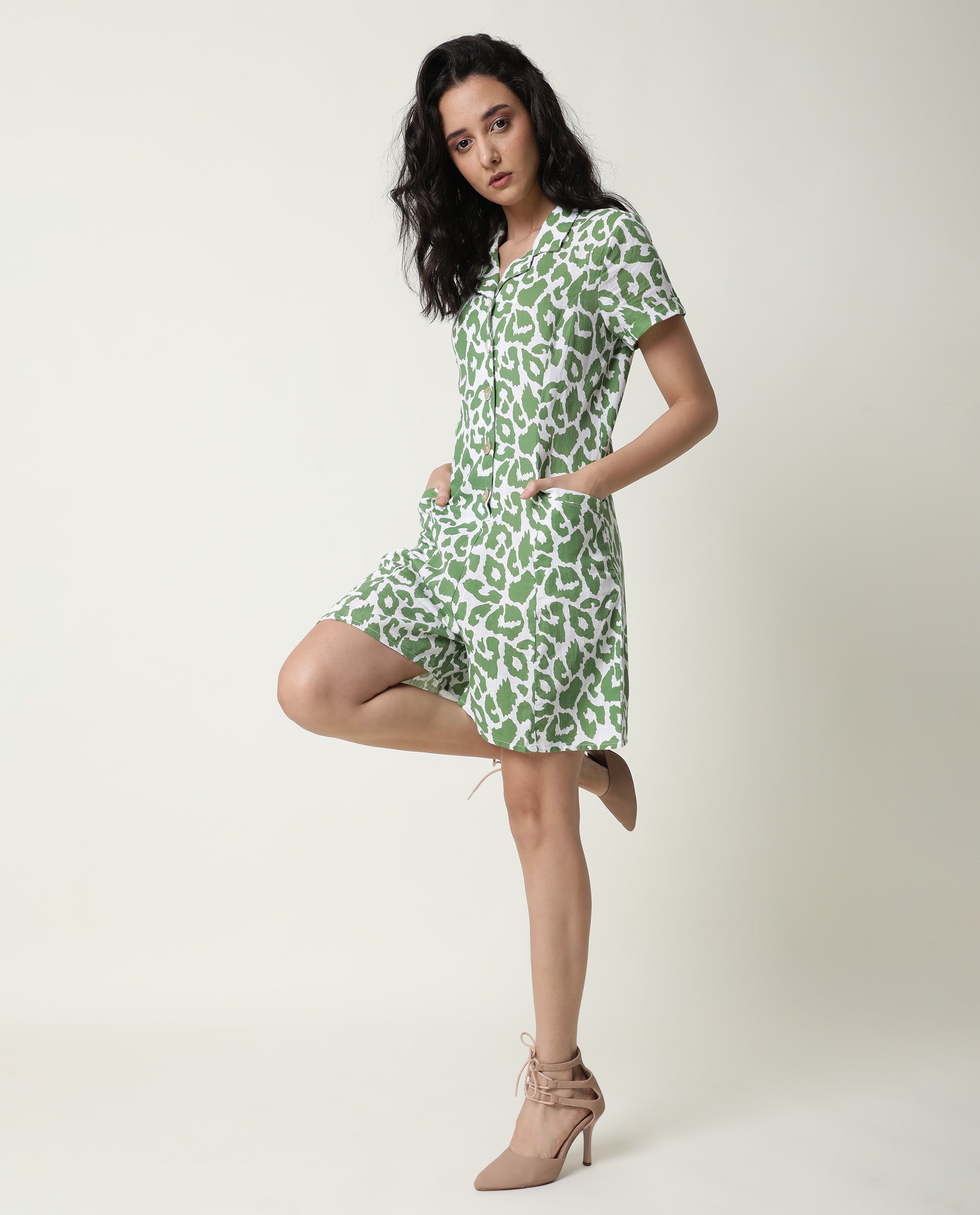 Rareism Women Cleve White Cotton Linen Fabric Relaxed Fit Lapel Neck Abstract Print Playsuit