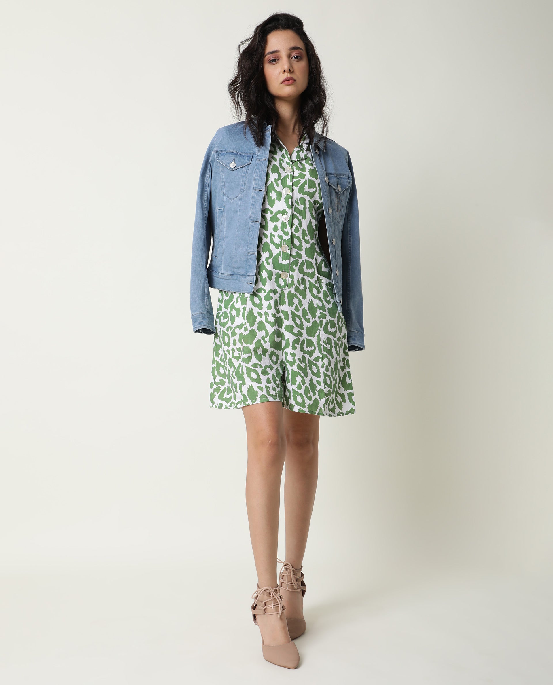 Rareism Women Cleve White Cotton Linen Fabric Relaxed Fit Lapel Neck Abstract Print Playsuit