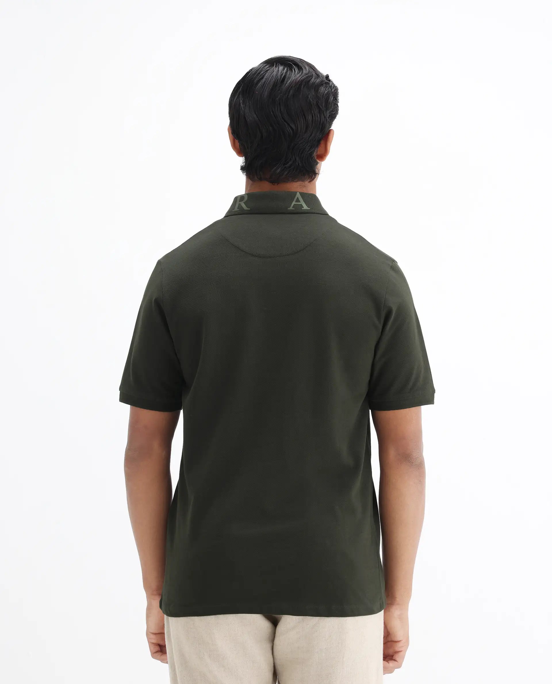 Rare Rabbit Men's Clif Dark Olive Cotton Plain Regular Fit Half Sleeve Polo