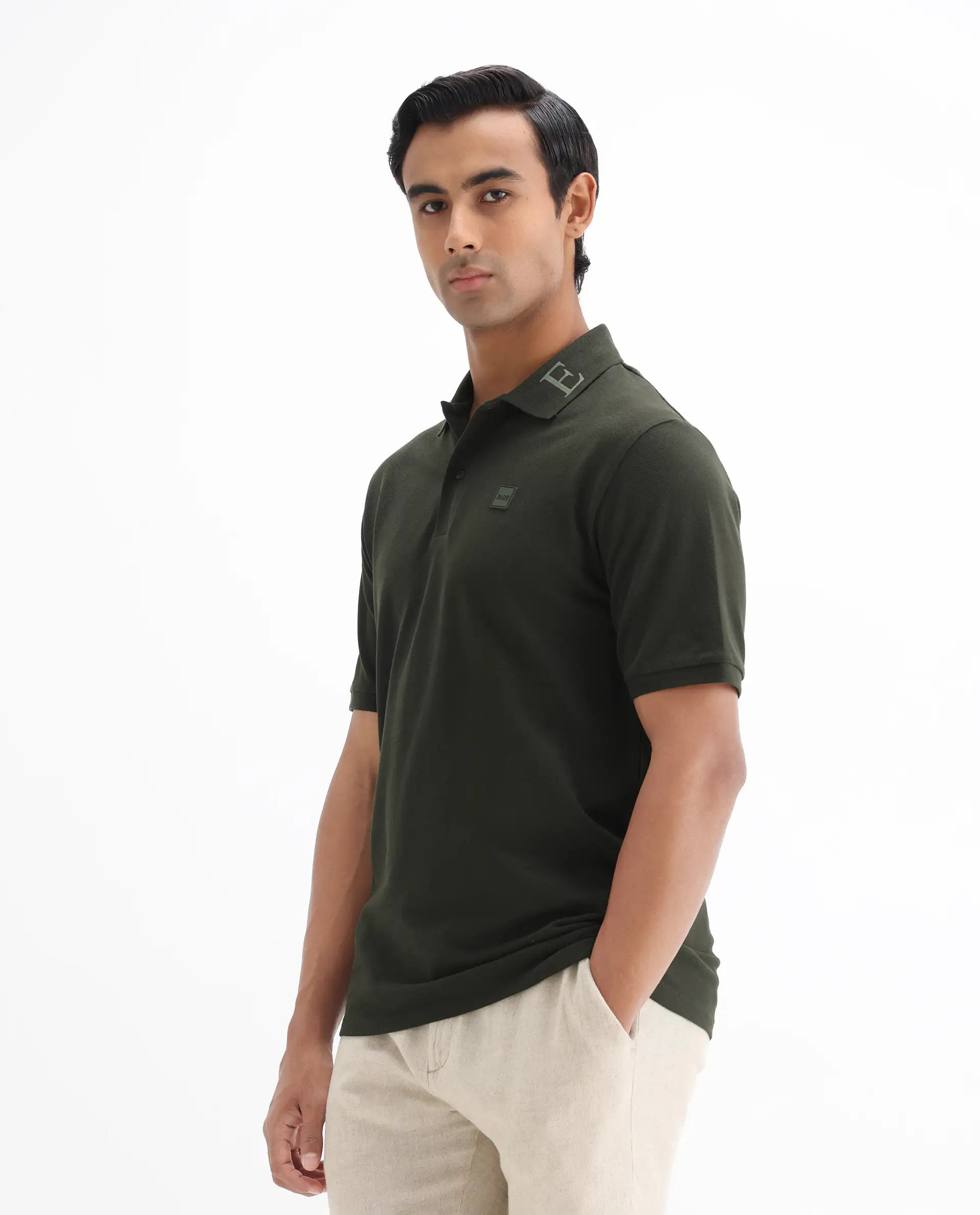 Rare Rabbit Men's Clif Dark Olive Cotton Plain Regular Fit Half Sleeve Polo