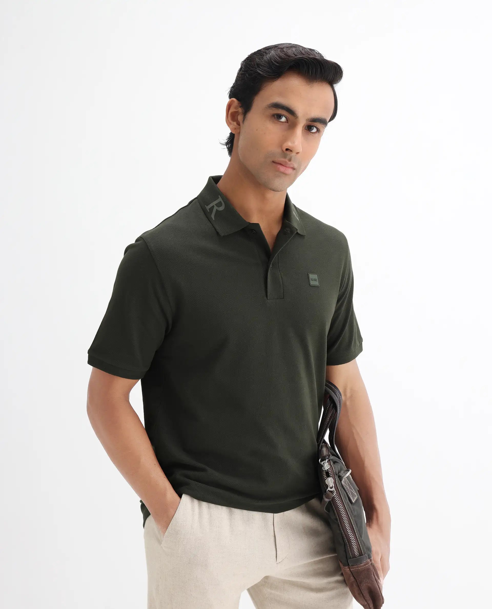 Rare Rabbit Men's Clif Dark Olive Cotton Plain Regular Fit Half Sleeve Polo