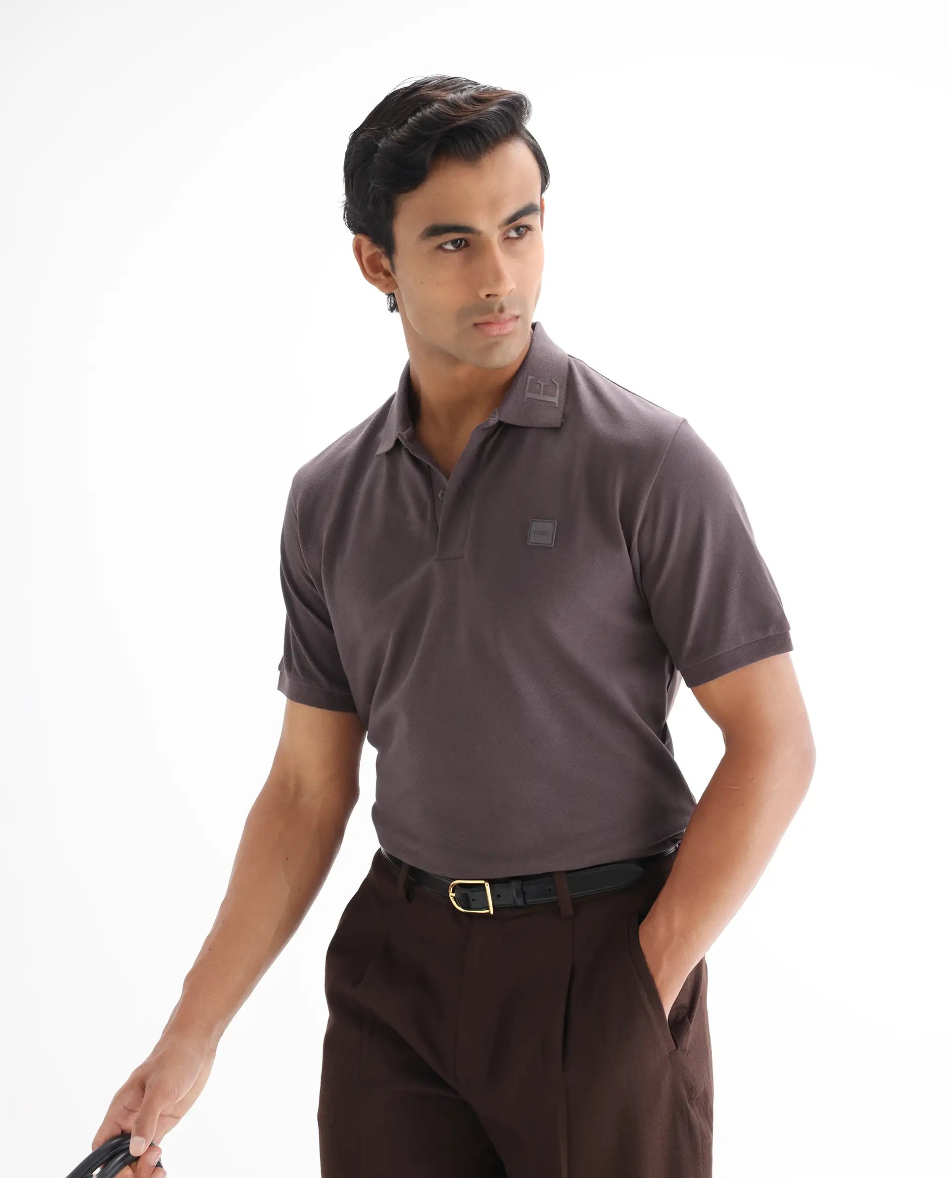 Rare Rabbit Men's Clif Dusky Purple Cotton Plain Regular Fit Half Sleeve Polo