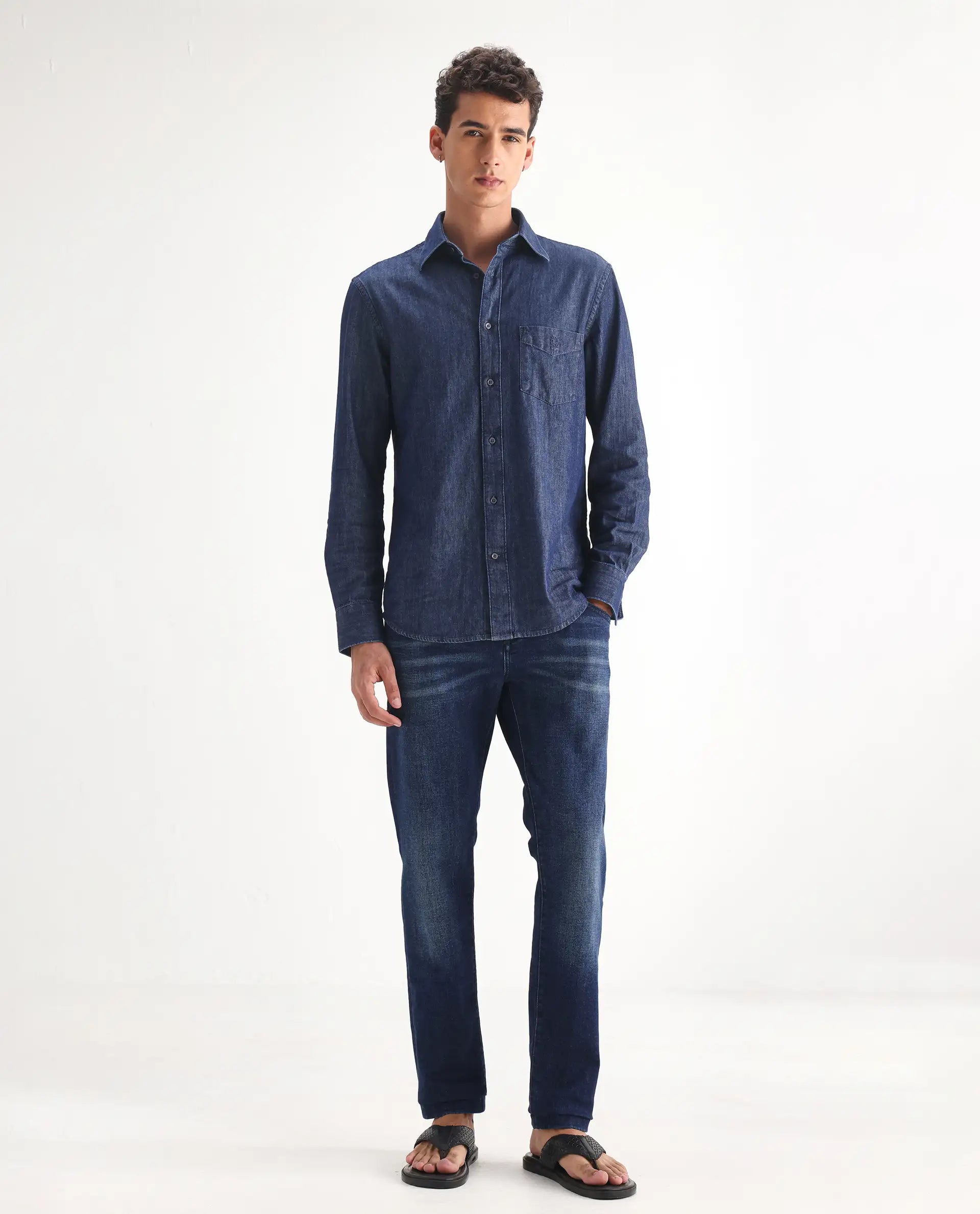 Rare Rabbit Men's Clio Dark Blue Cotton Blend Plain Relaxed Fit Jeans