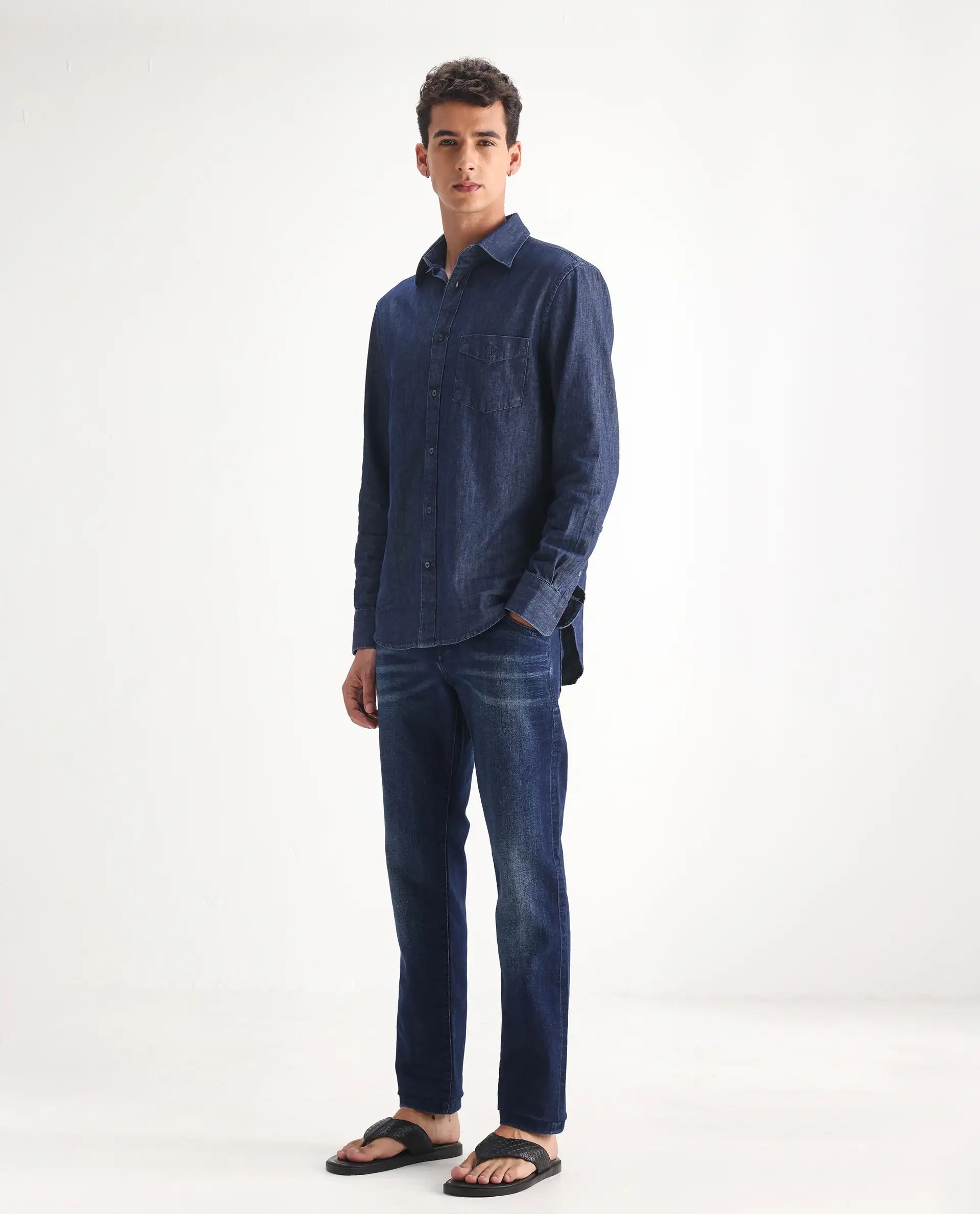 Rare Rabbit Men's Clio Dark Blue Cotton Blend Plain Relaxed Fit Jeans