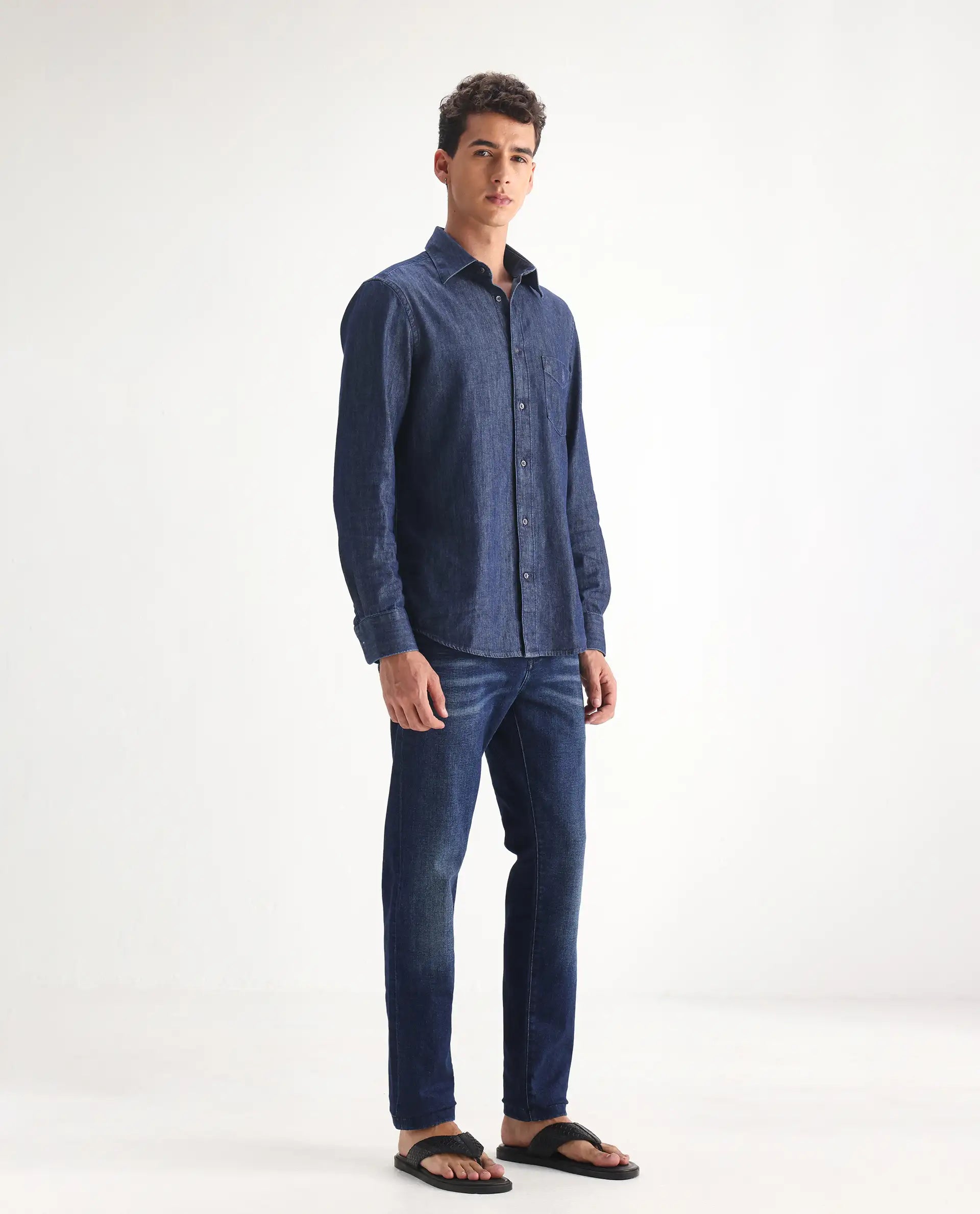 Rare Rabbit Men's Clio Dark Blue Cotton Blend Plain Relaxed Fit Jeans