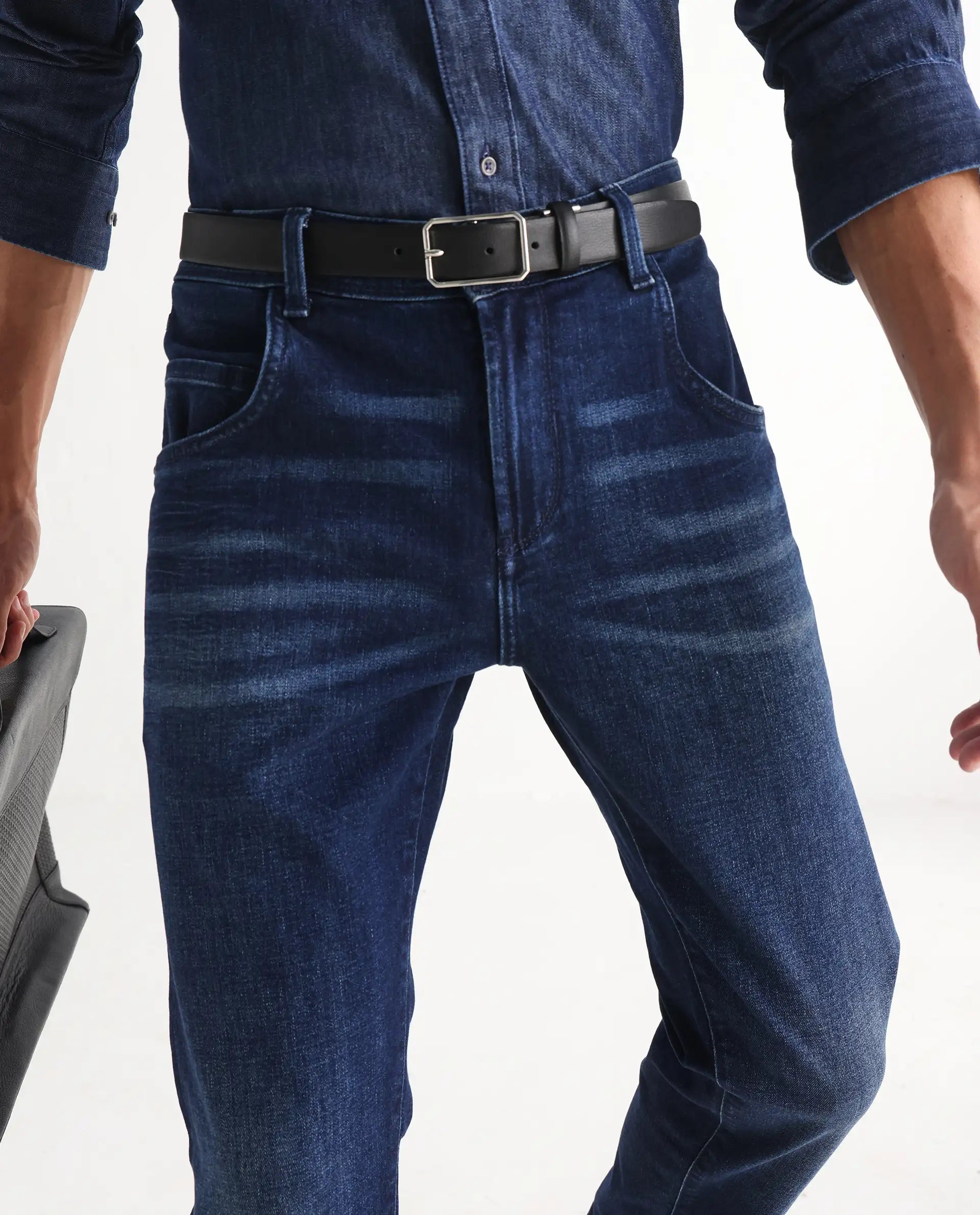 Rare Rabbit Men's Clio Dark Blue Cotton Blend Plain Relaxed Fit Jeans