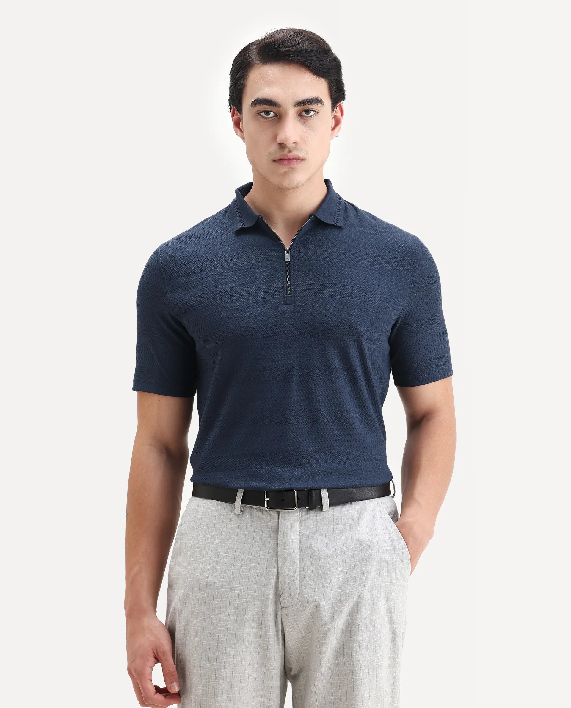 Rare Rabbit Men's Clion Dark Blue Cotton Blend Jacquard Regular Fit Half Sleeve Polo