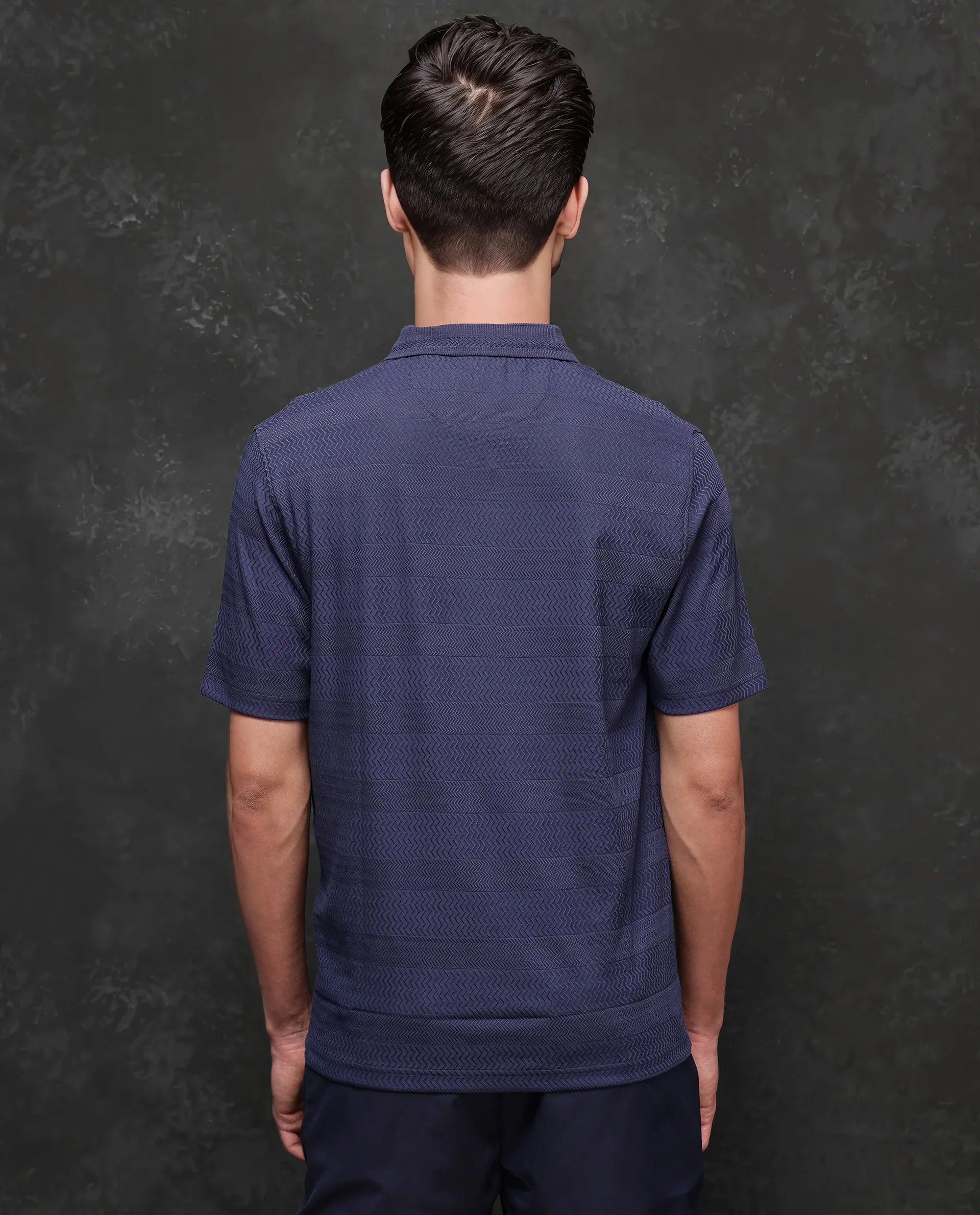 Rare Rabbit Men's Clion-1 Dark Blue Cotton Lycra Fabric Short Sleeve Collared Neck Zipper Closure Jacquard Polo