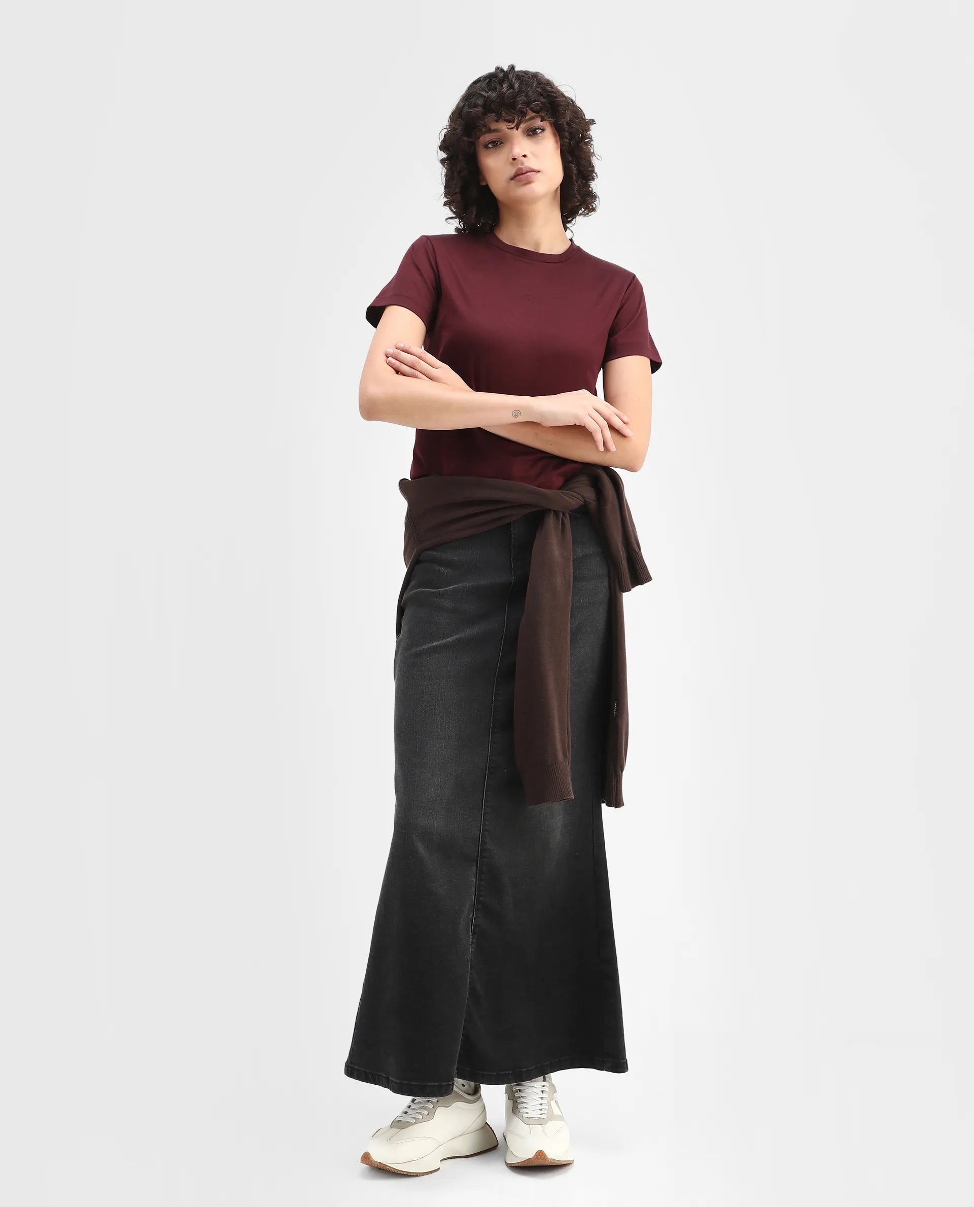 Rareism Women's Clive Dark Maroon Cotton Crew Neck Regular Fit T-Shirt