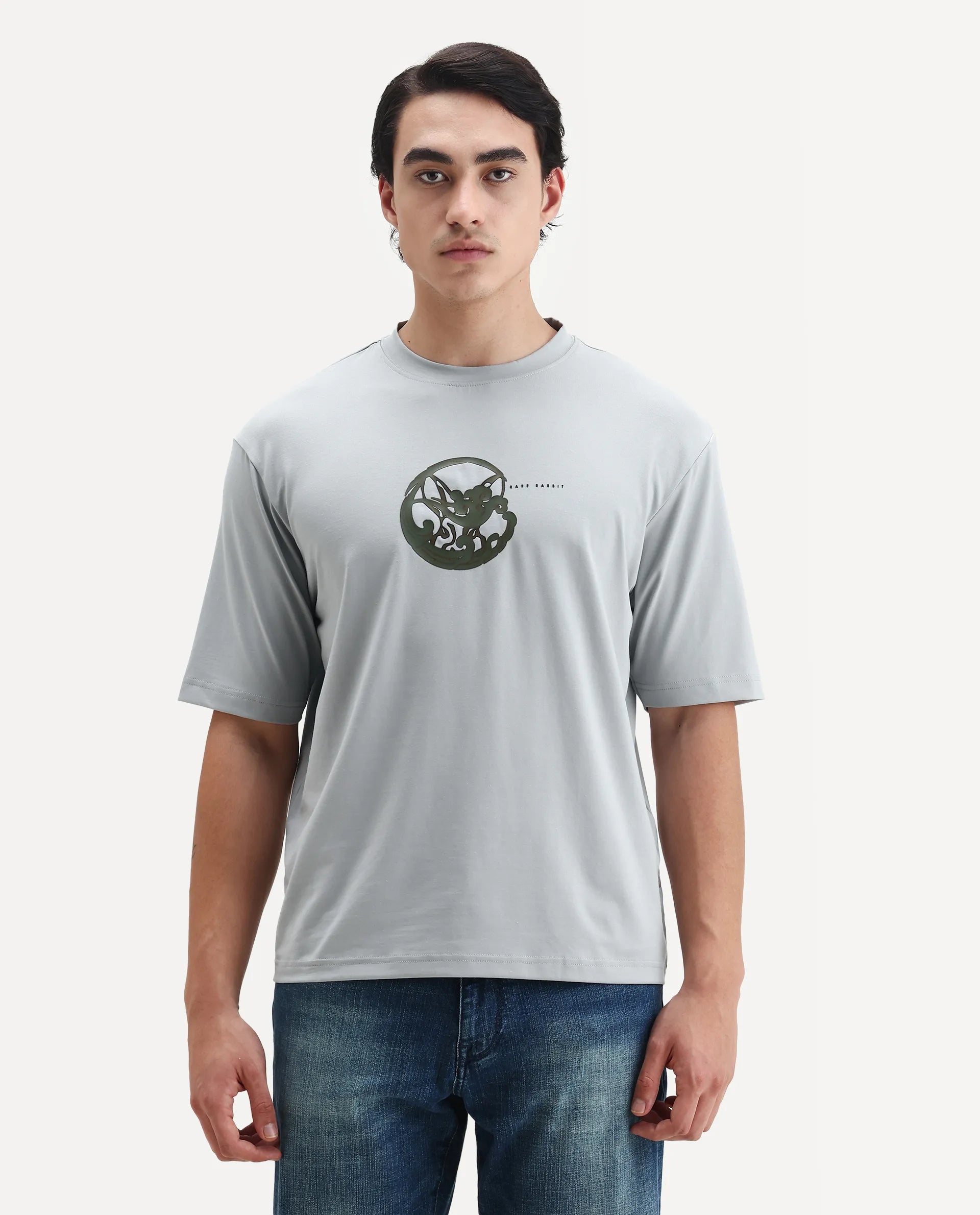 Rare Rabbit Men's Clod Light Grey Cotton Graphic Print Qlo Fit Half Sleeve Crew Neck T-Shirt
