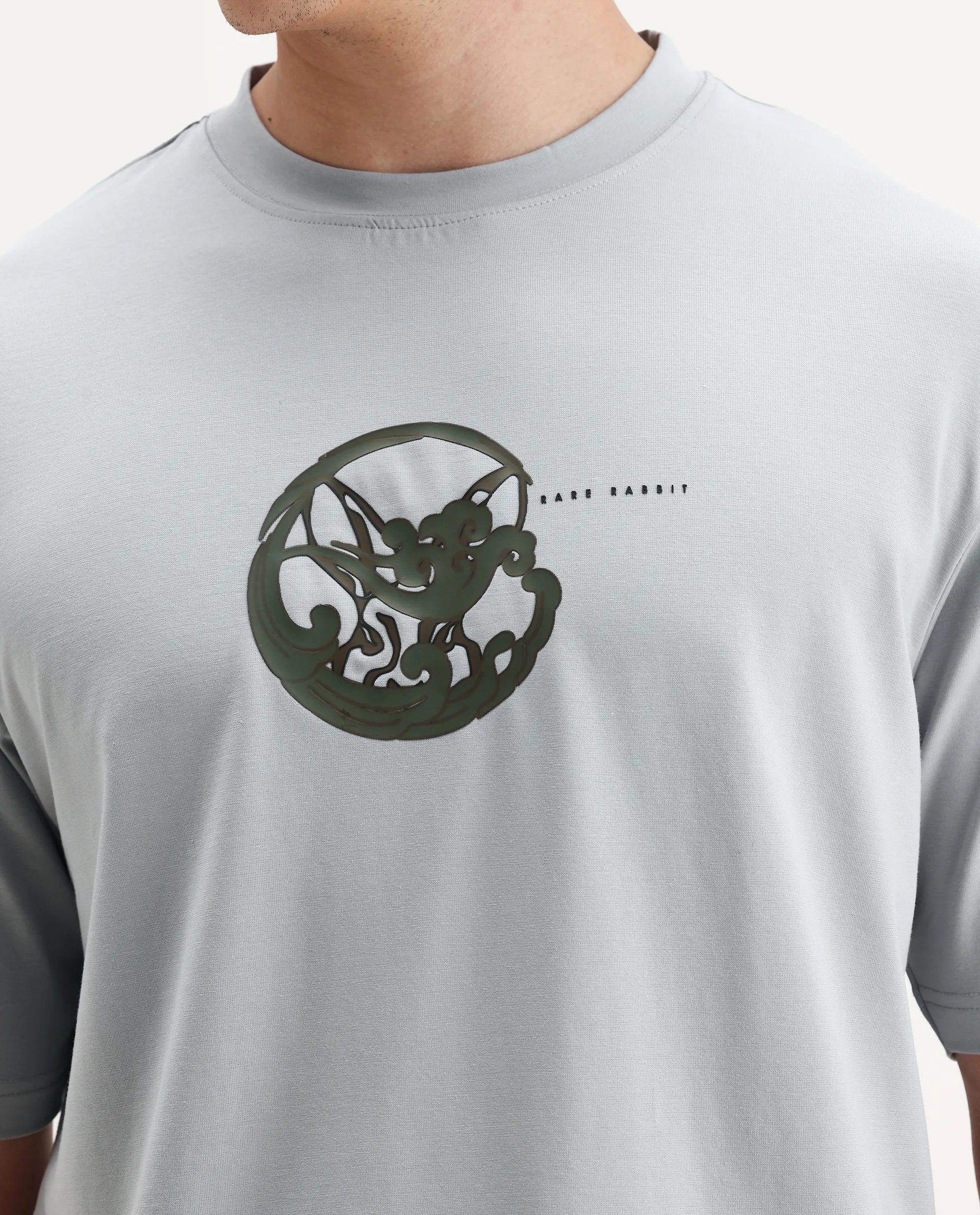 Rare Rabbit Men's Clod Light Grey Cotton Graphic Print Qlo Fit Half Sleeve Crew Neck T-Shirt