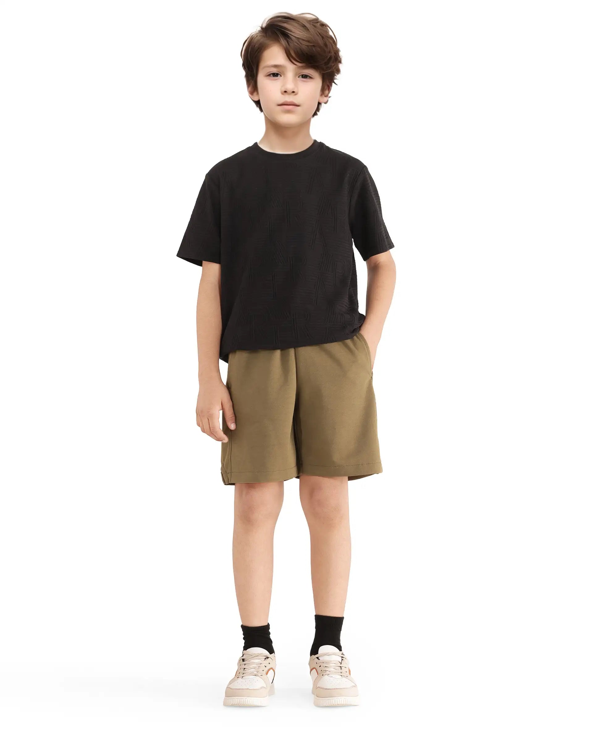 Rare Ones Kids Clon Olive Cotton Drawstring Closure Regular Solid Shorts