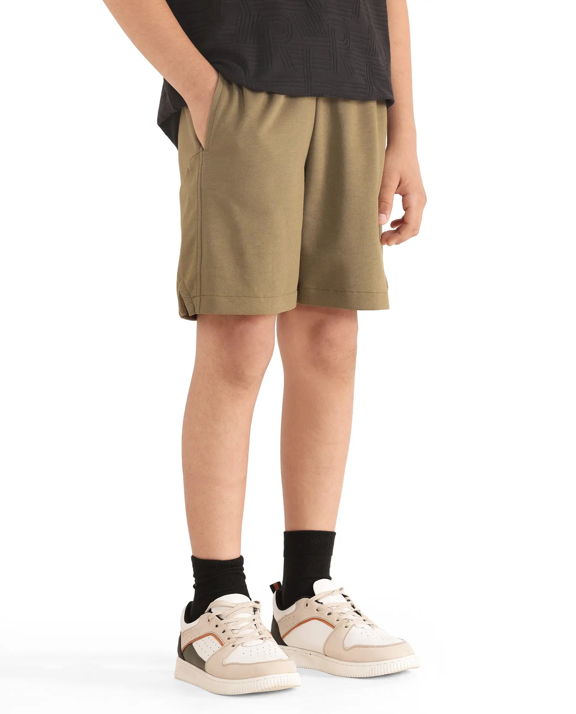 Rare Ones Kids Clon Olive Cotton Drawstring Closure Regular Solid Shorts
