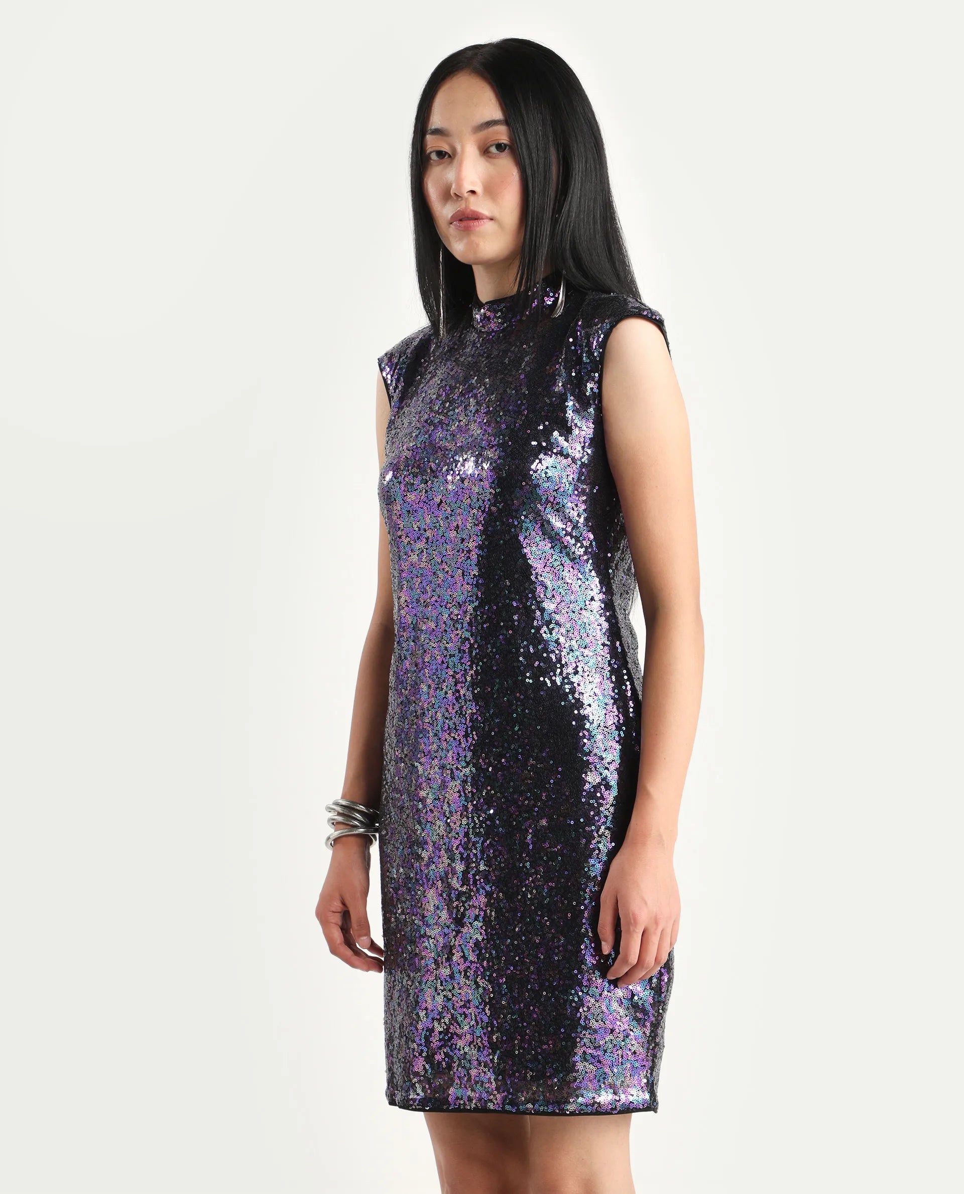 Rareism Women's Clory Sheen Multi Polyester High Neck Sequined Extended Sleeves Mini Regular Fit Dress