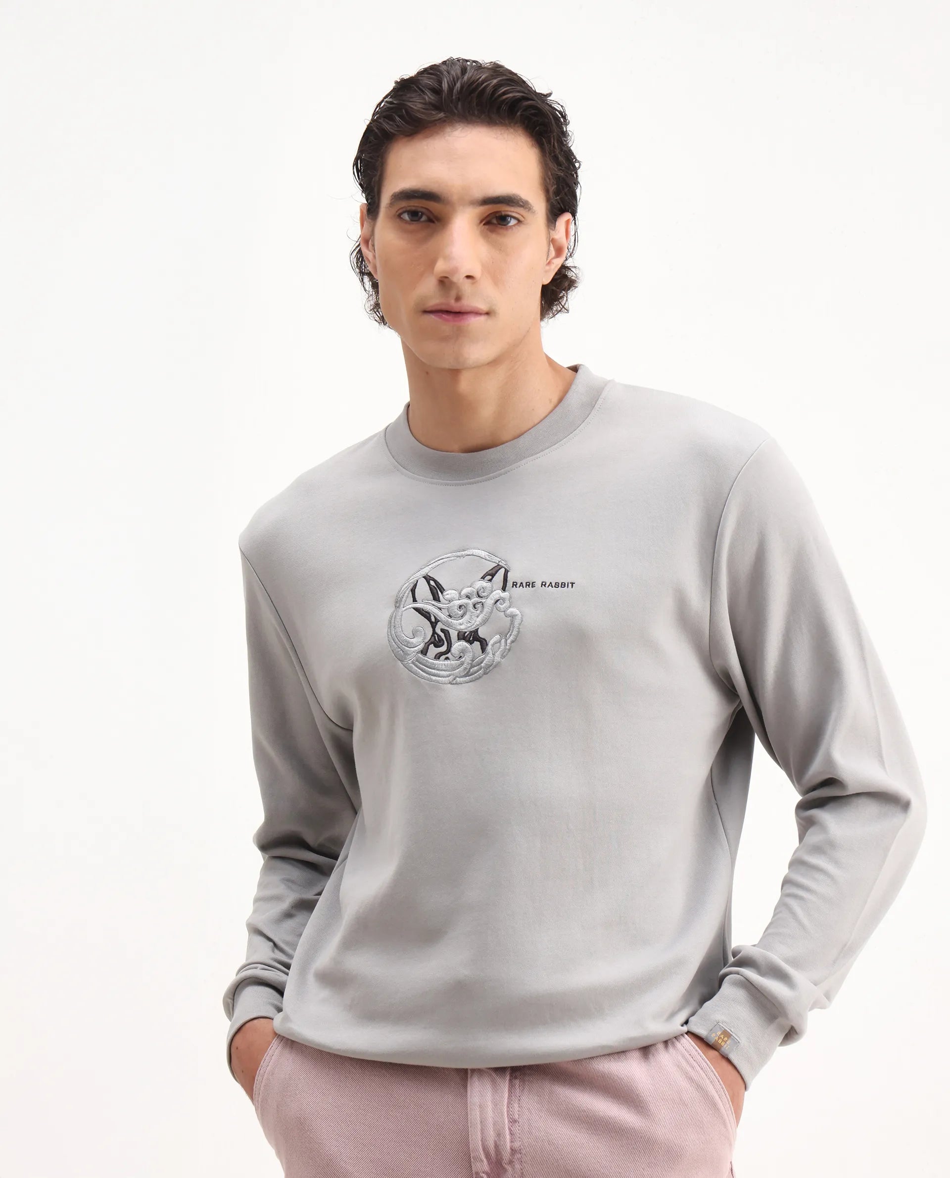 Rare Rabbit Men's Clos Light Grey Cotton Embroidered Regular Fit Full Sleeve Crew Neck Sweatshirt